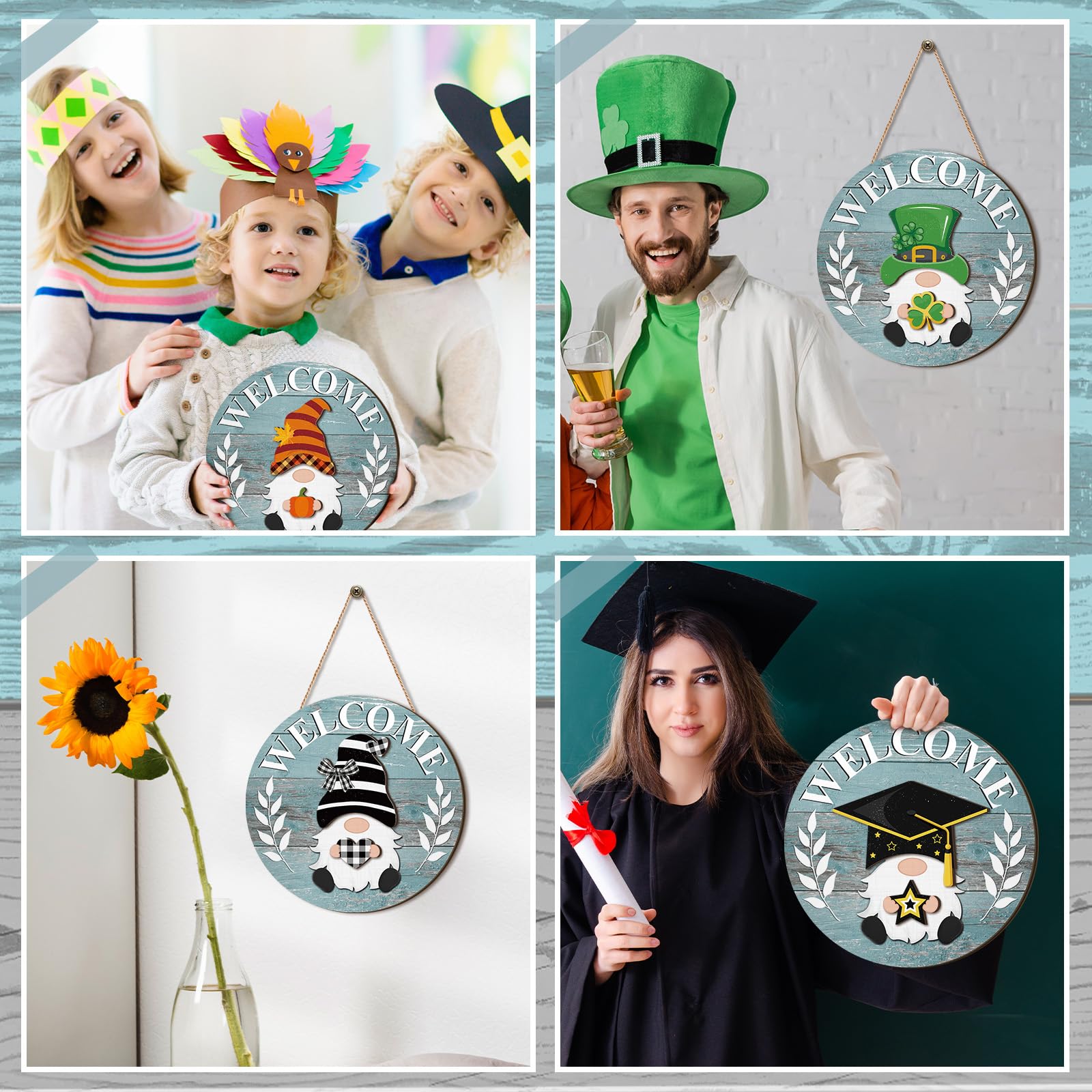 Qunclay Interchangeable Wooden Gnome Decor Holiday Seasonal Gnome Decorations with Magnet Pieces and Detachable Hats Changeable