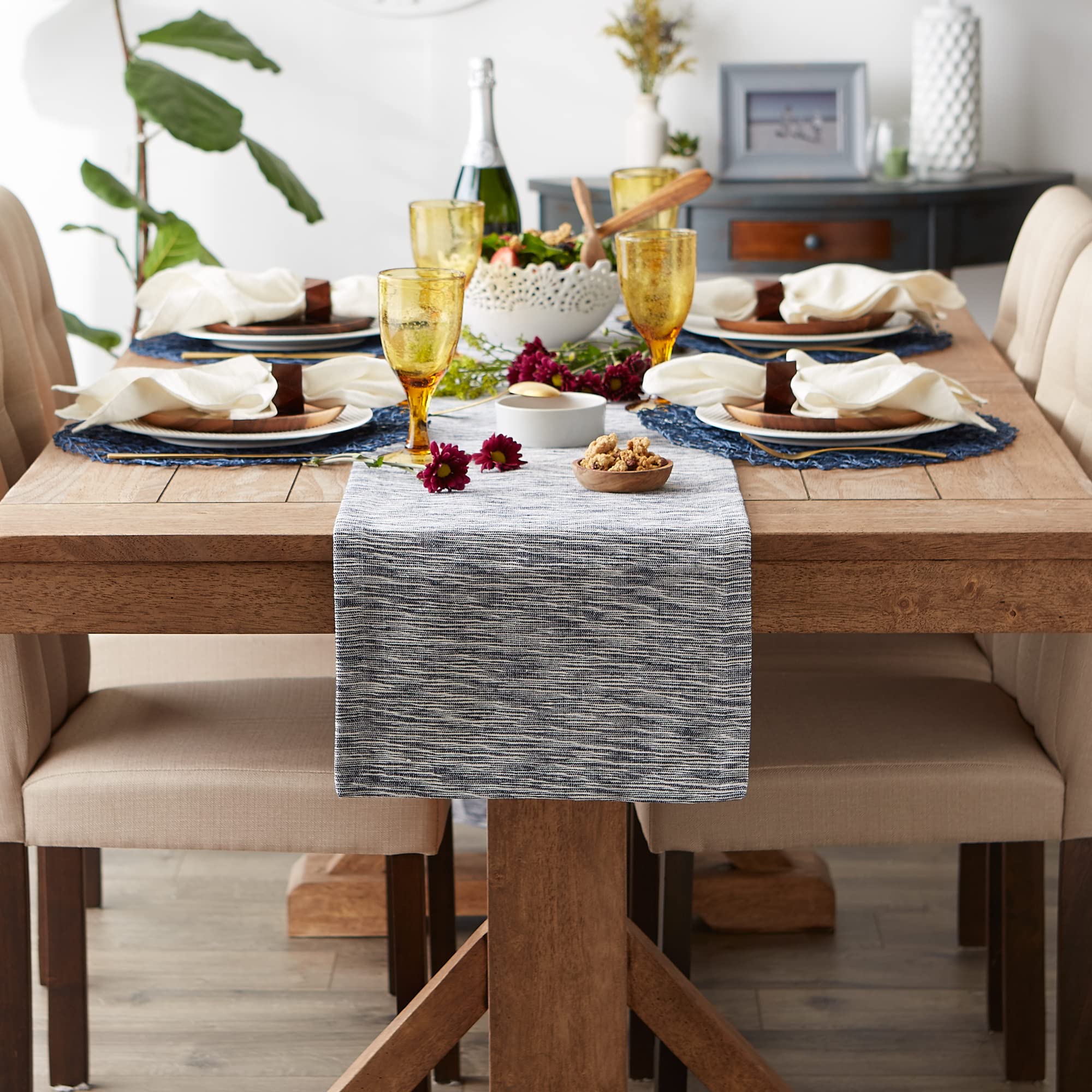 Dii Tonal Recycled Cotton Slubby Rib Tabletop Collection, Table Runner, 14X108, Navy