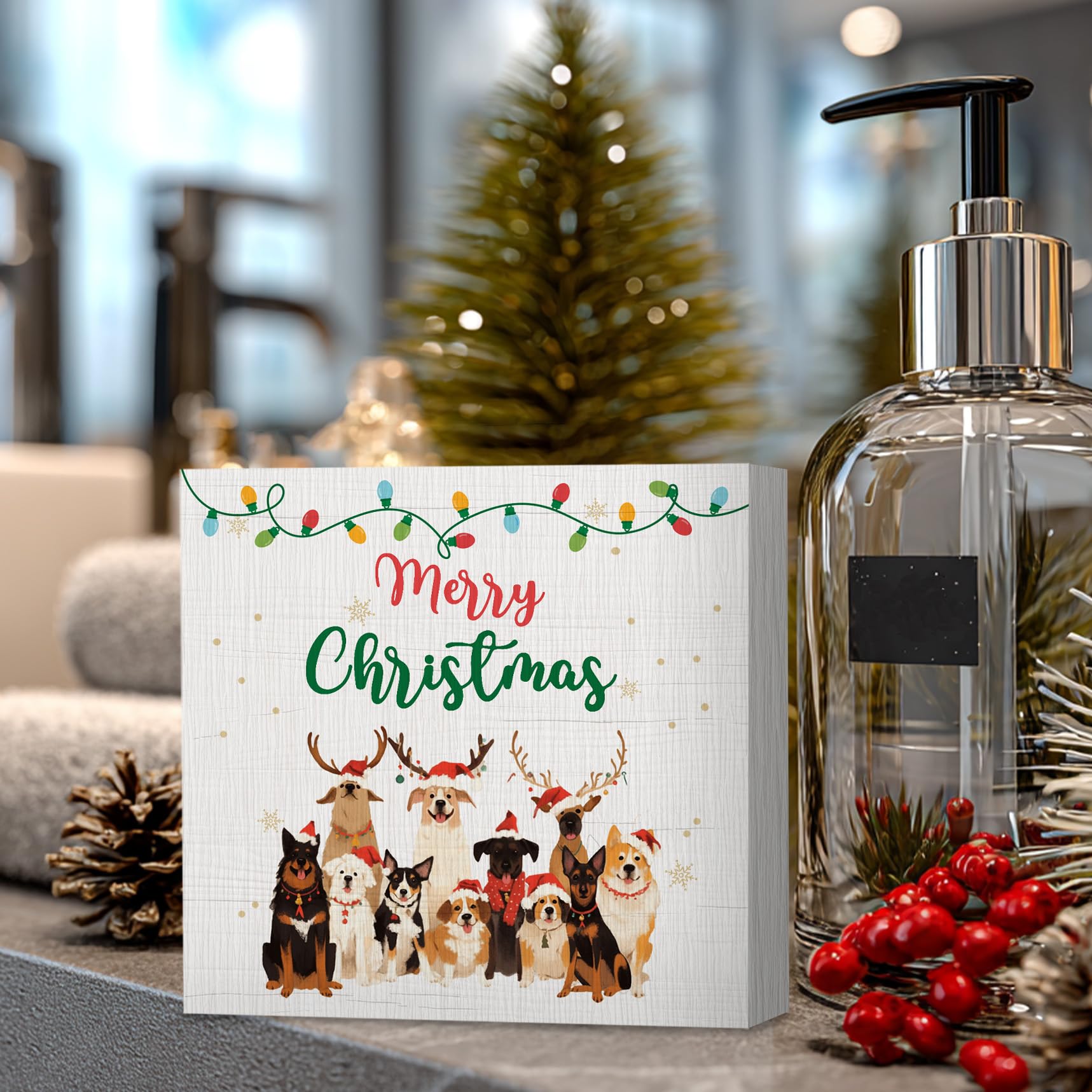 ANIANG Merry Christmas Wooden Box Sign - Christmas Desk Decor, Dog Decorations, Wood Block Box Sign Plaque For Office Home Wall
