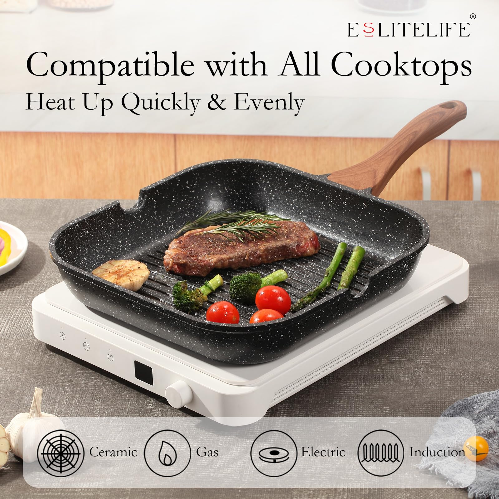 Eslite Life Nonstick Grill Pan For Stove Tops, Versatile Square Big Grill Skillet Steak Pan For Indoor Cooking & Outdoor Grillin