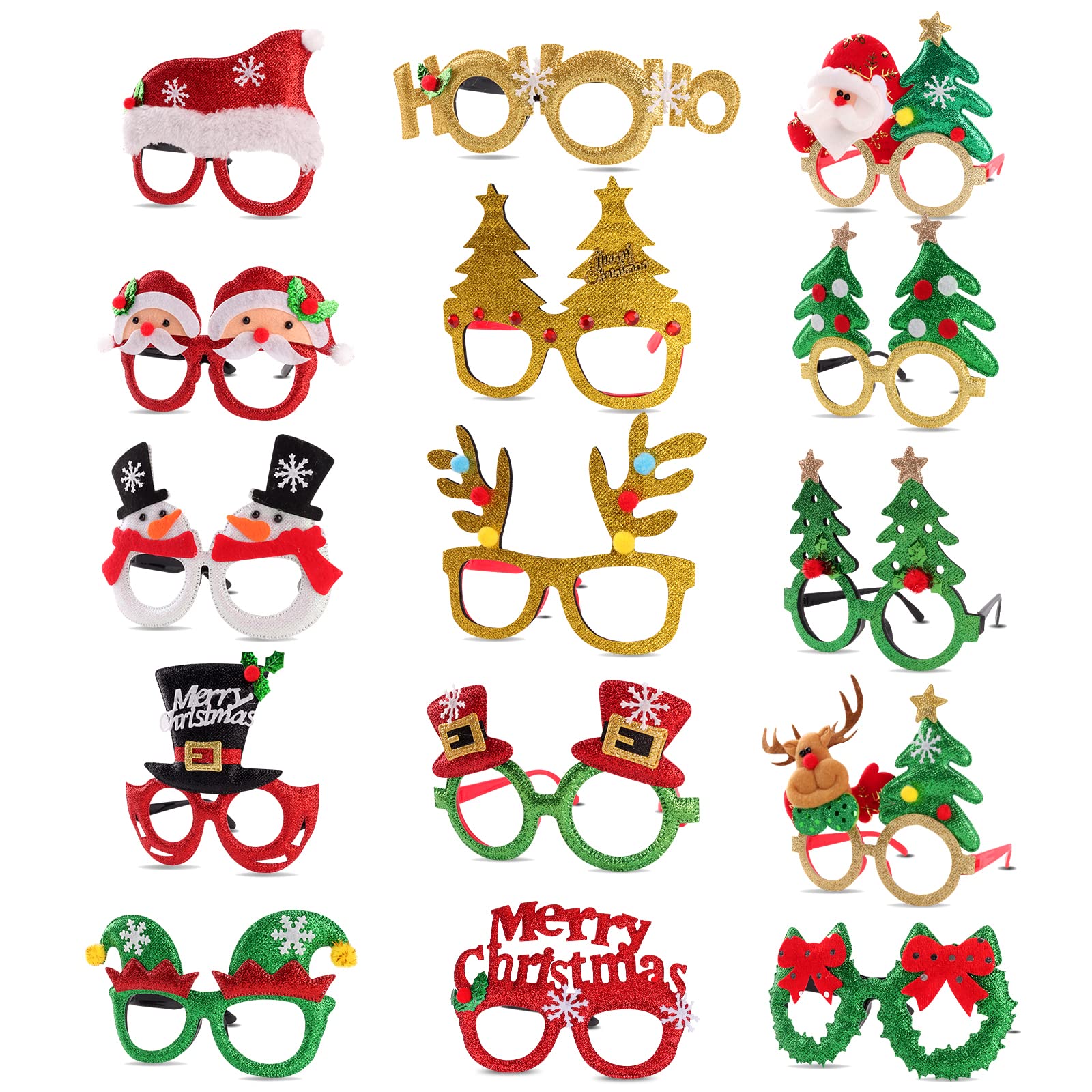 Eeocwf 15 Pcs Christmas Glasses Frame, Holiday Party Eyeglasses Frames Christmas Decoration, Christmas Photo Props Eyewear, Chri