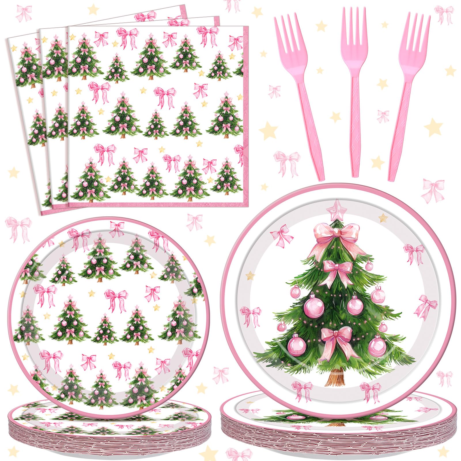 Havawish 96 Pcs Pink Christmas Tree Paper Plates and Napkins Pink Bow Christmas Party Supply Winter Baby Shower Party Decoration