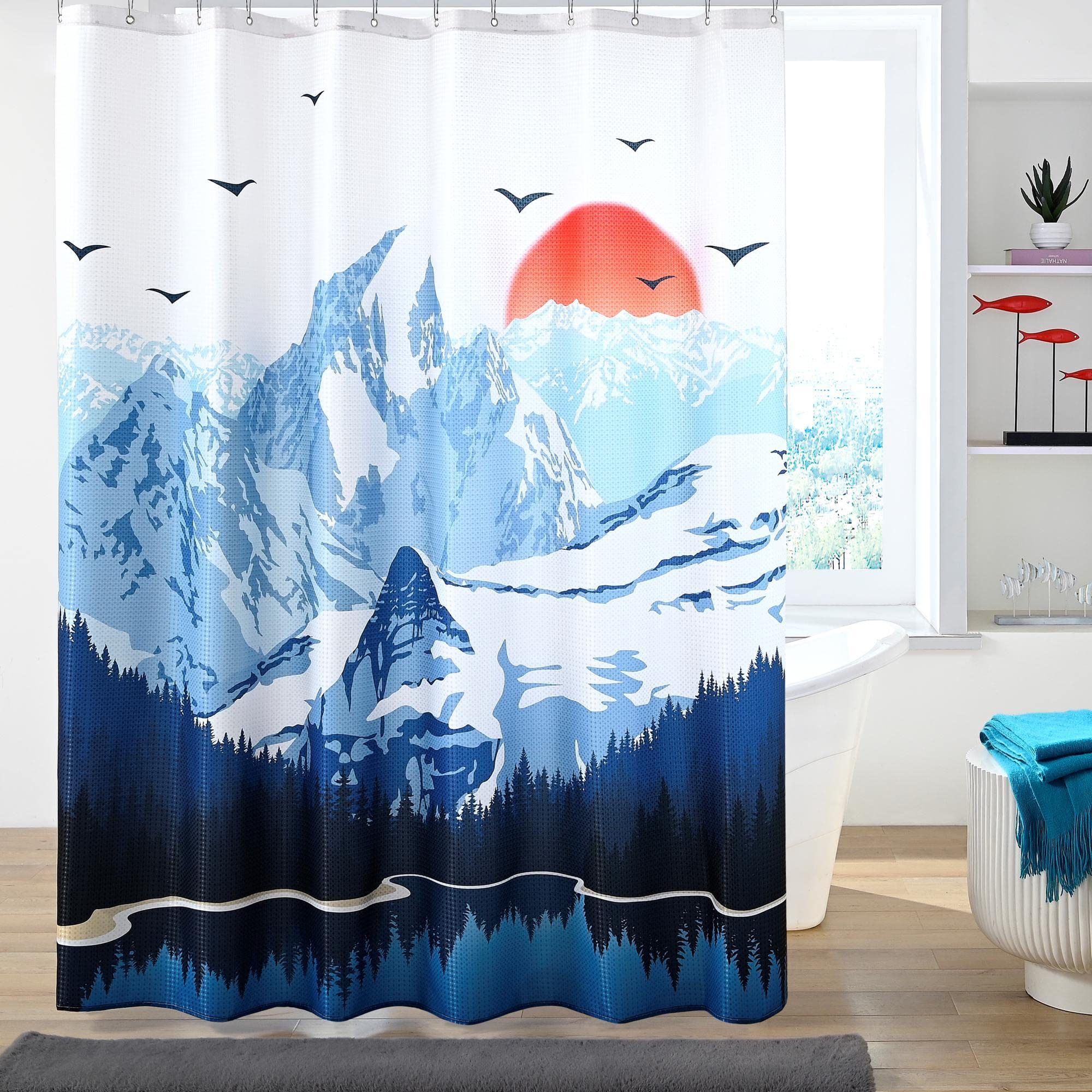Ahaitocy Blue Cloth Nature Mountain Funny Shower Curtains For Bathroom. Waterproof Washable Waffle Fabric Hotel Shower Curtain W