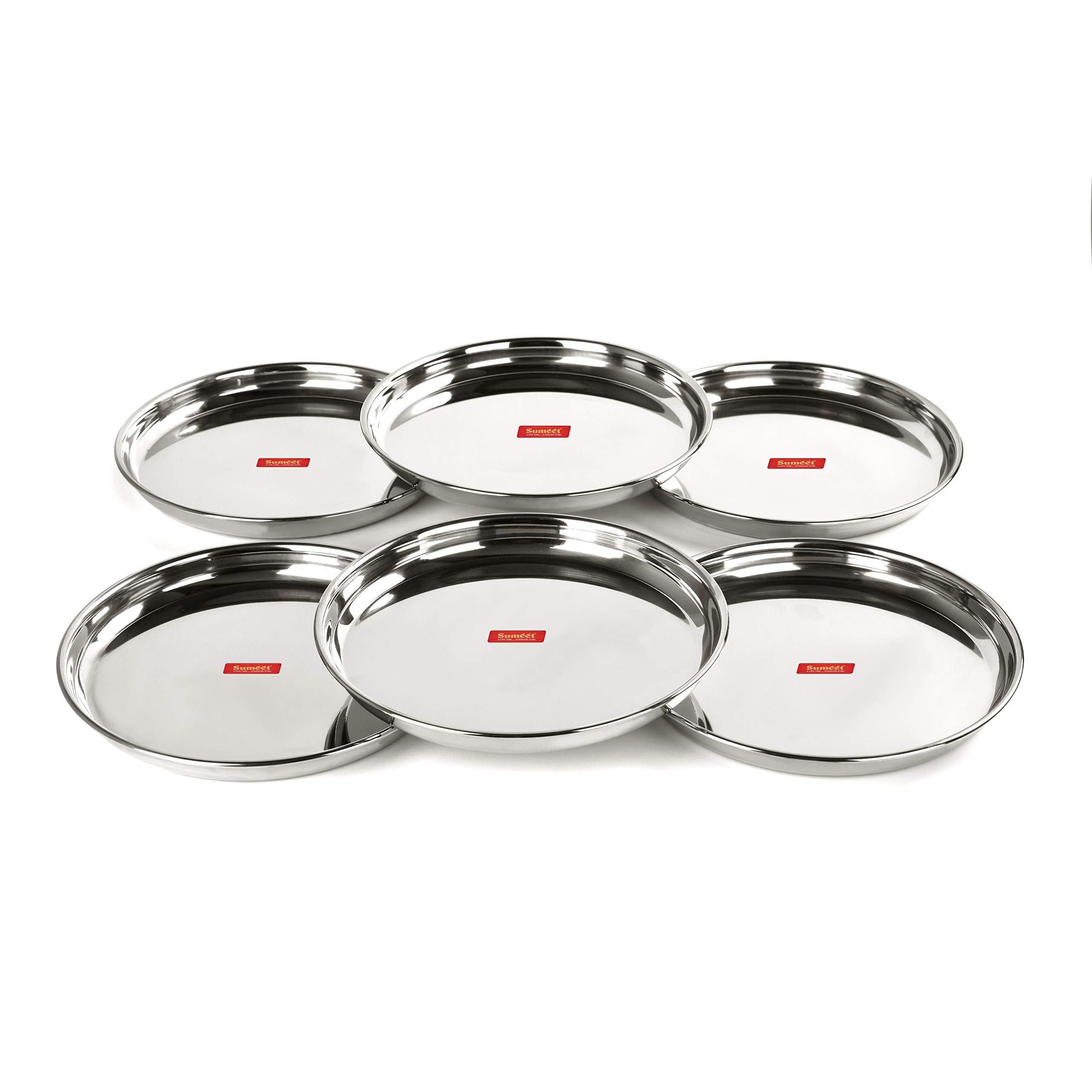 Sumeet Stainless Steel Heavy Gauge Deep Wall Snack Plates with Mirror Finish 24.3cm Dia (PACK OF6)