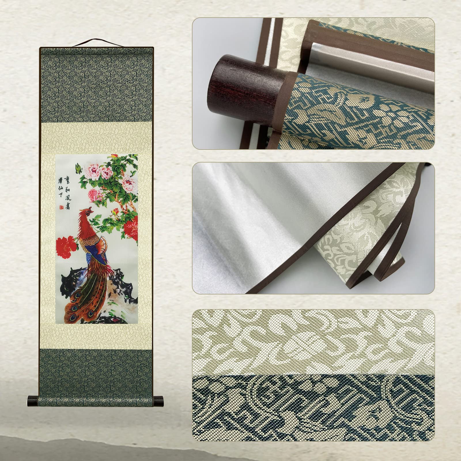 Atfart 4 Pack Asian Wall Decor Beautiful Silk Scroll Painting Birds - Phoenix Oriental Decor Chinese Art Wall Scroll Wall Hangin