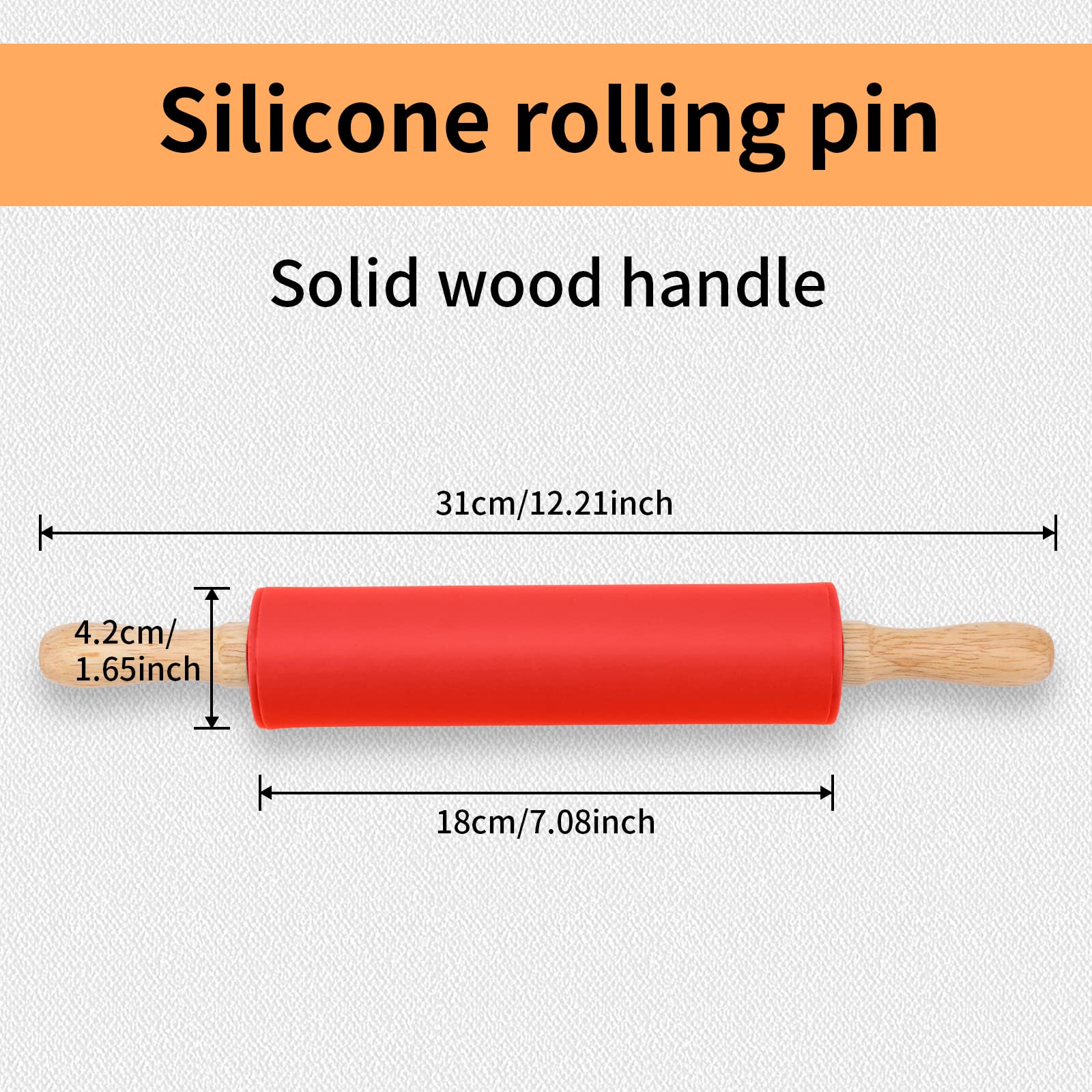 Honglida 12 Inch Silicone Rolling Pin For Kids Non-Stick Surface Wooden Handle