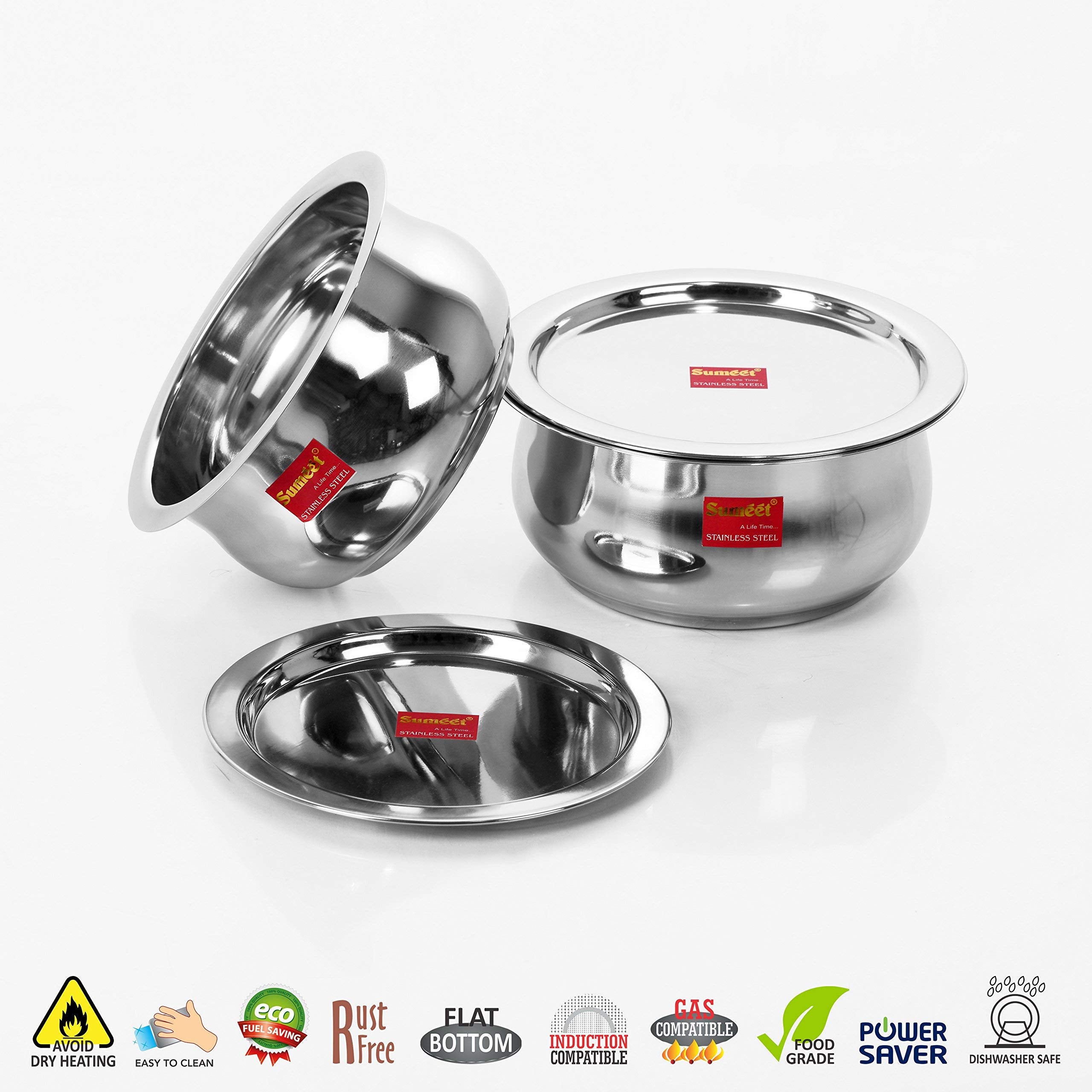 Sumeet 2 Pcs Stainless Steel Induction & Gas Stove Friendly Belly Shape Container Set/Tope/Cookware Set With Lids Size No.10 & N