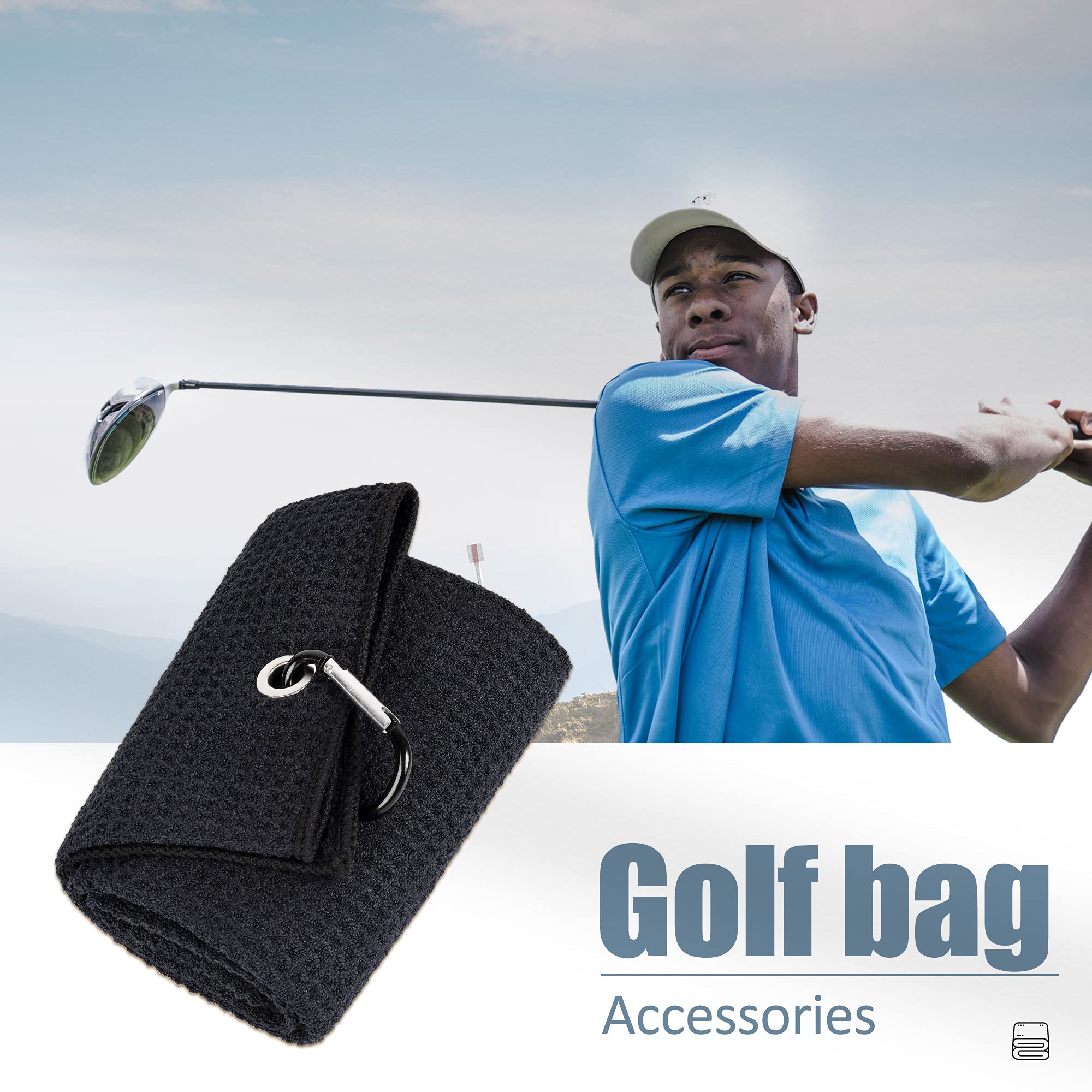 Mile High Life Tri-fold Golf Towel  Premium Microfiber Fabric  Waffle Pattern  with Heavy Duty Carabiner Clip  Black Golf Towel for Men and Women  16x21 (Black)