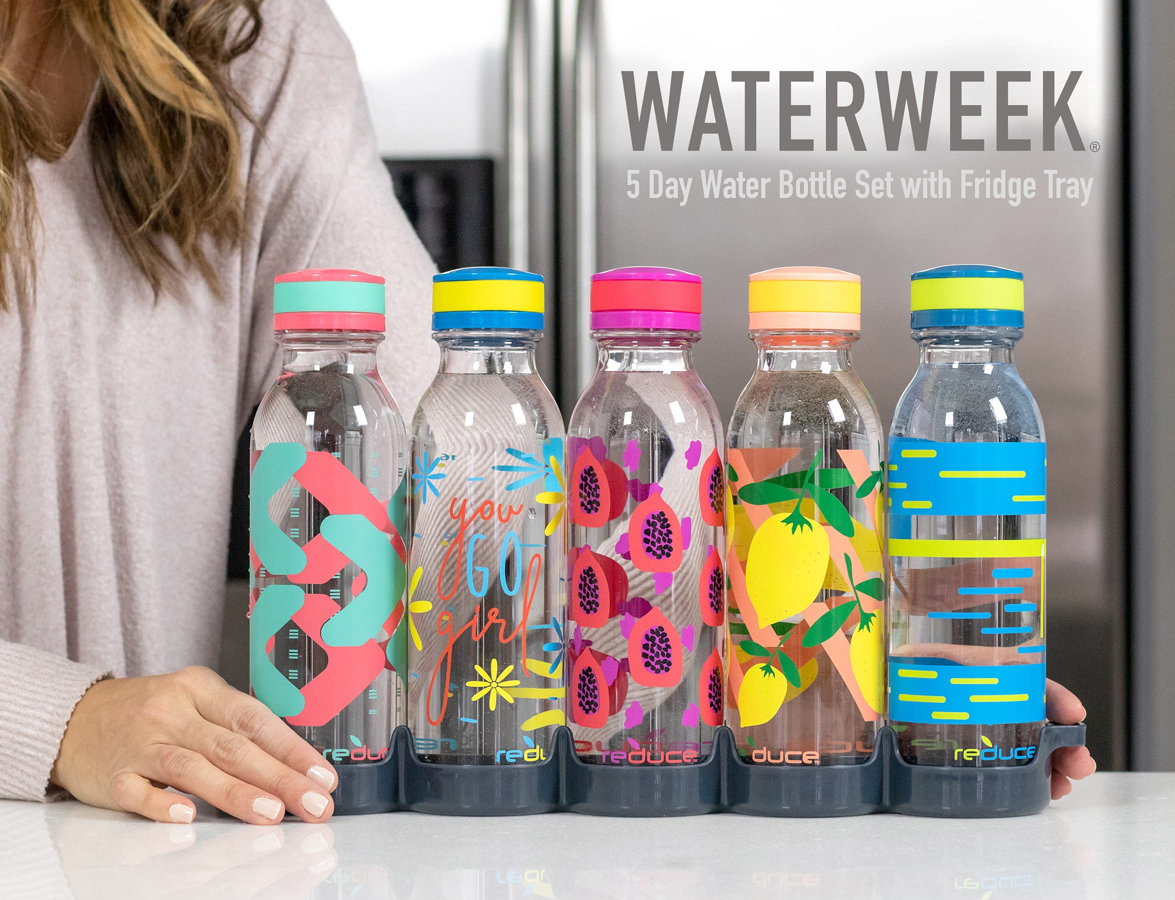 REDUCE WaterWeek Reusable Water Bottle Set  20oz - Plastic Reusable Water Bottle Set of 5  Plus Fridge Tray - BPA-Free  Leak Proof Twist Off Cap - Score