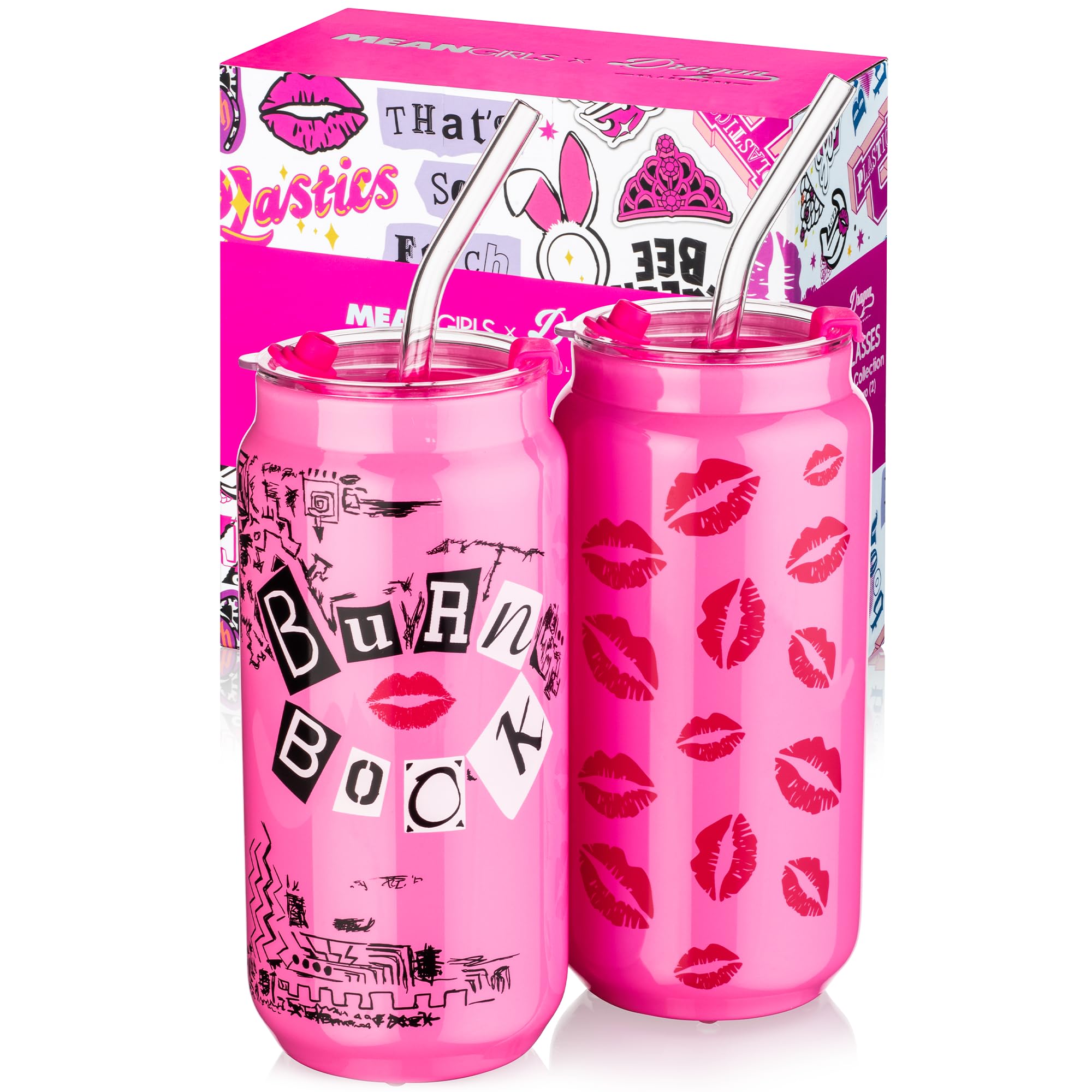 Dragon Glassware x Mean Girls Burn Book Drinking Glasses - 20 oz Glass Cups with Lids and Straws Set of 2 - Pink Mean Girls Cups
