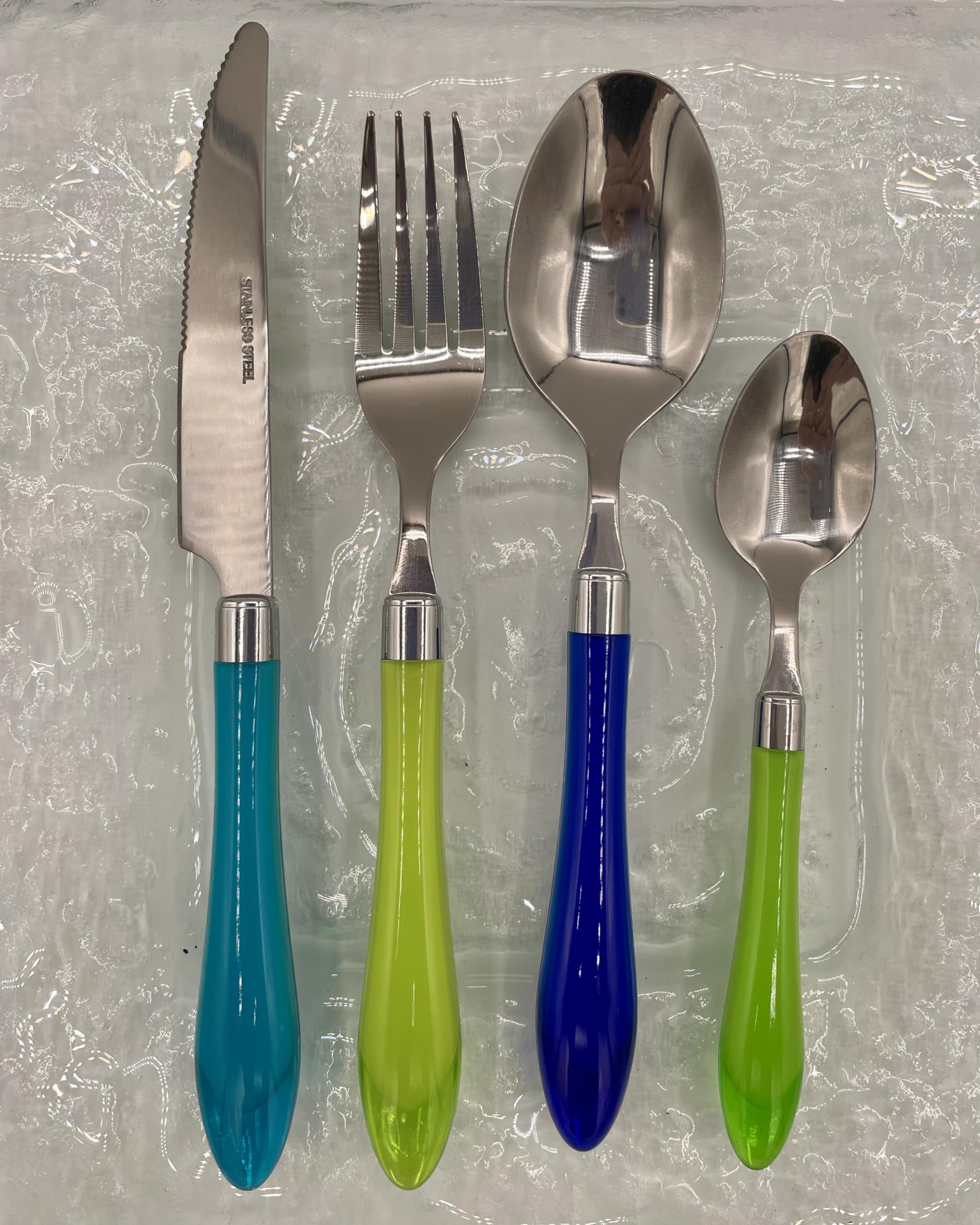The Original Brink House Sea Blue Green Mix & Match Stainless Steel Cutlery Set With Translucent Handles / 16 Pieces With Metal