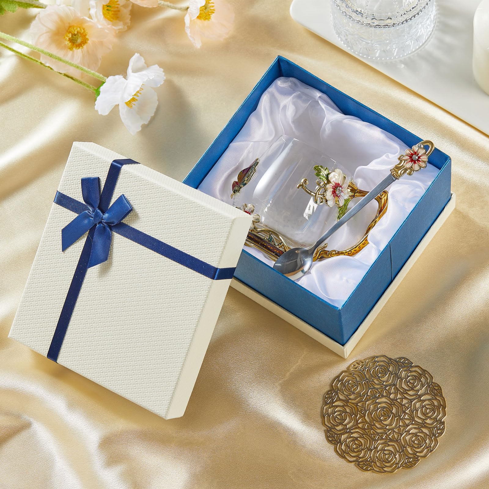 AISVELDY Flower Tea Cup,Clear Glass Fancy Coffee Mug with Spoon,Gift Box for Her Mom Wife Grandma Girls Friends Valentines Chris