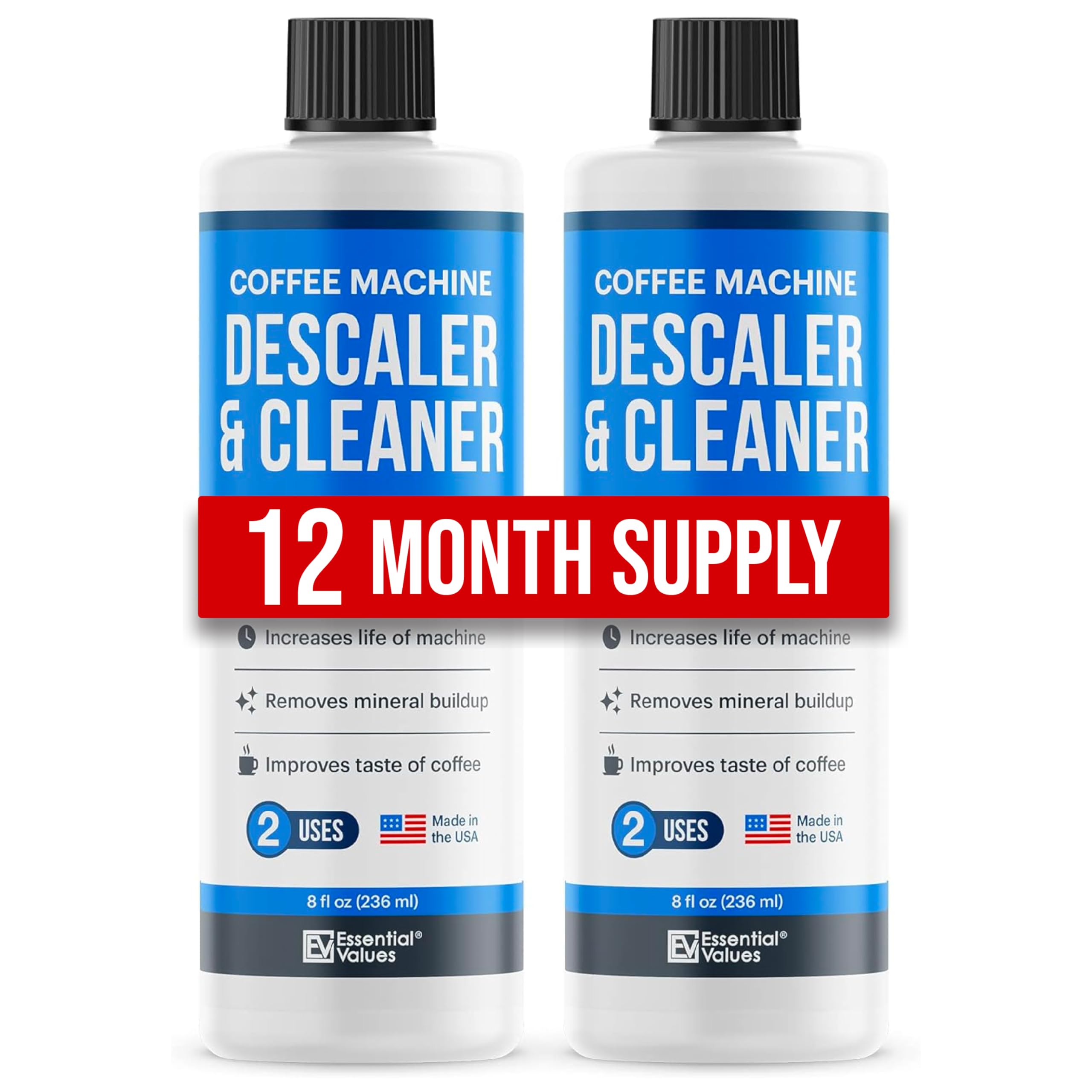 Essential Values Universal Descaling Solution for Keurig Breville Nespresso & Delonghi (4 Uses) | Coffee Machine Descaler Cleane