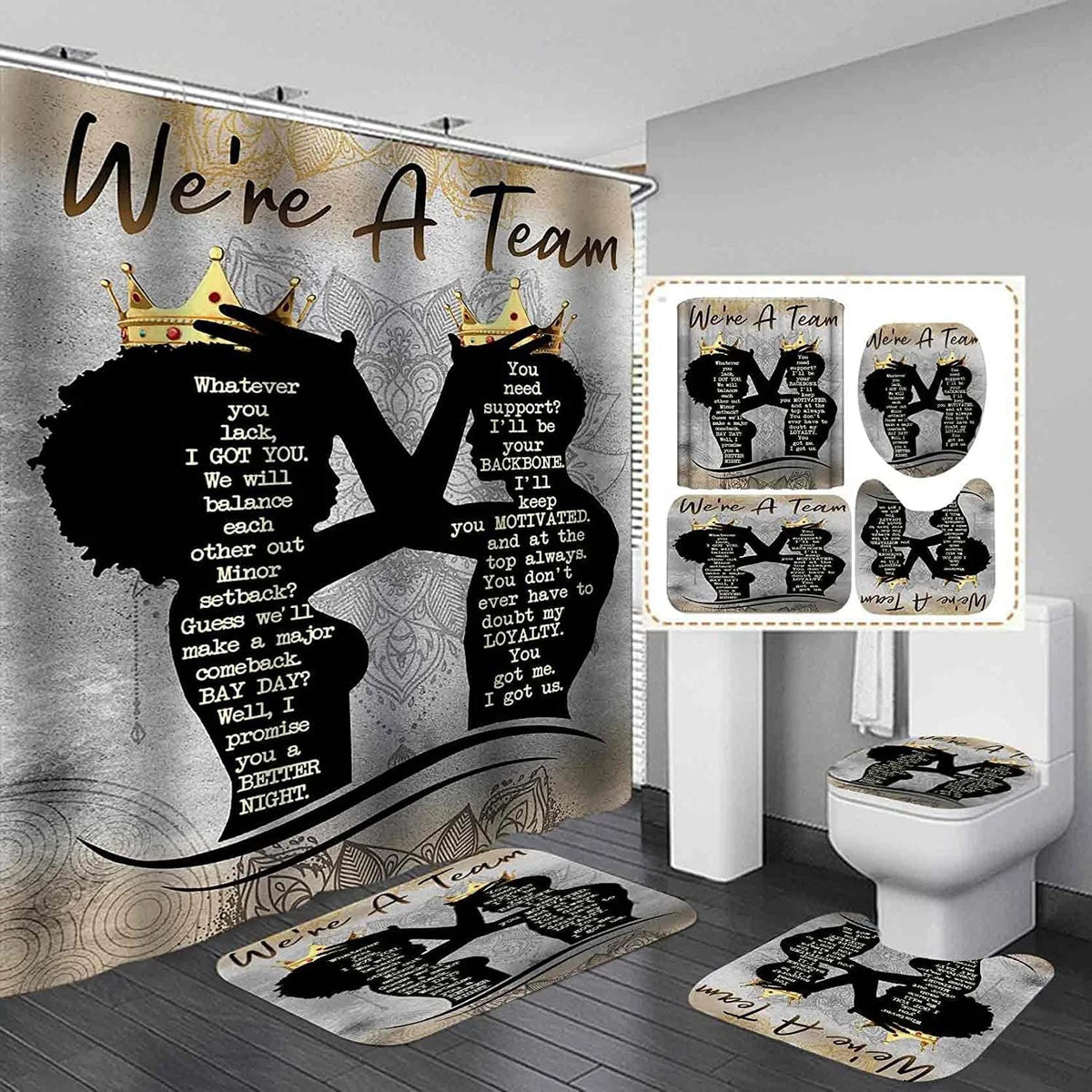 Omebero 4Pcs Black King Queen Shower Curtain Set, Inspirational Quotes Christmas Bathroom Decor Sets With Shower Curtain And Rug