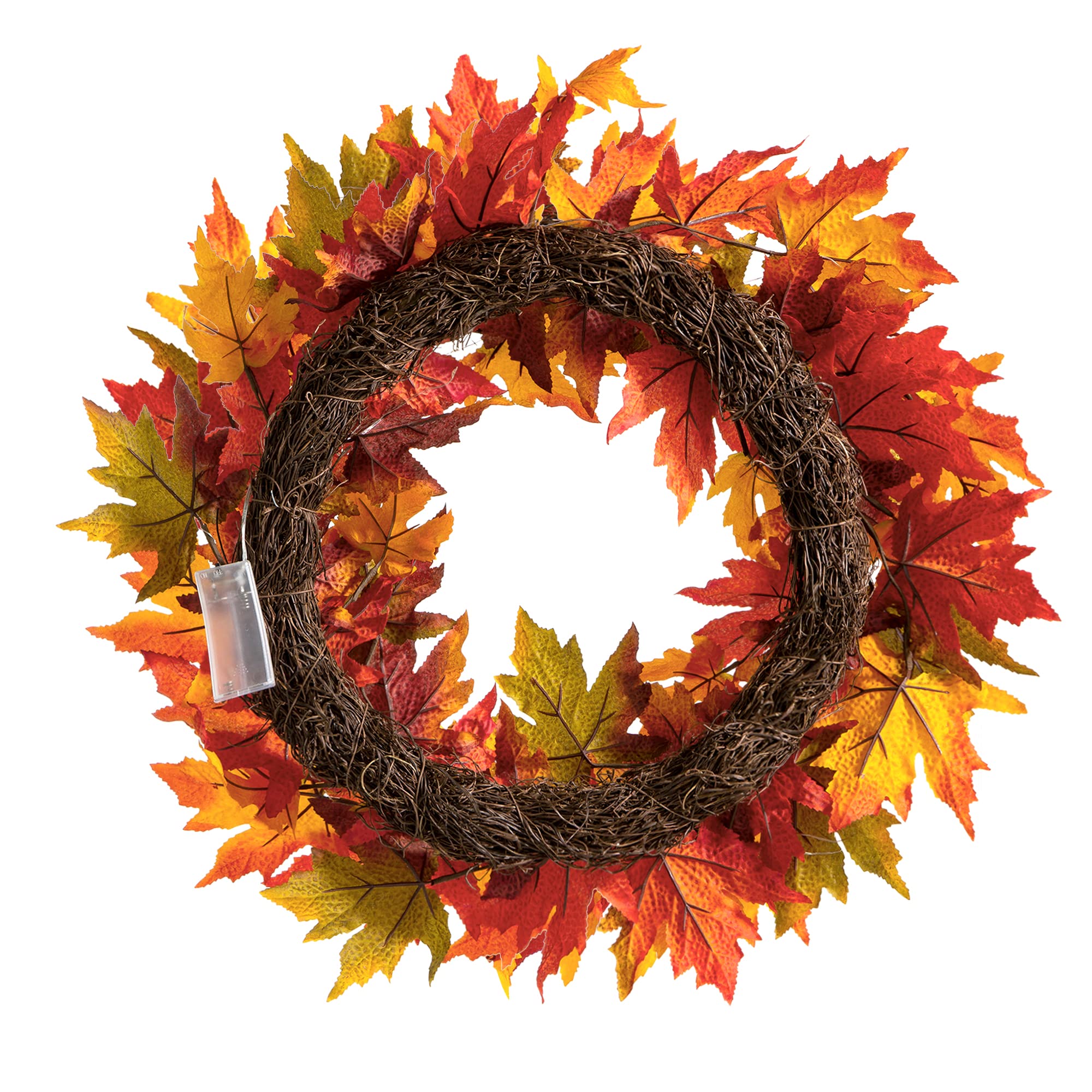 Glitzhome 24 Inch Pre-lit Fall Wreath, Autumn Wreath for Front Door, Lighted Maple Leaves Wreaths with Timer for Thanksgiving Ha