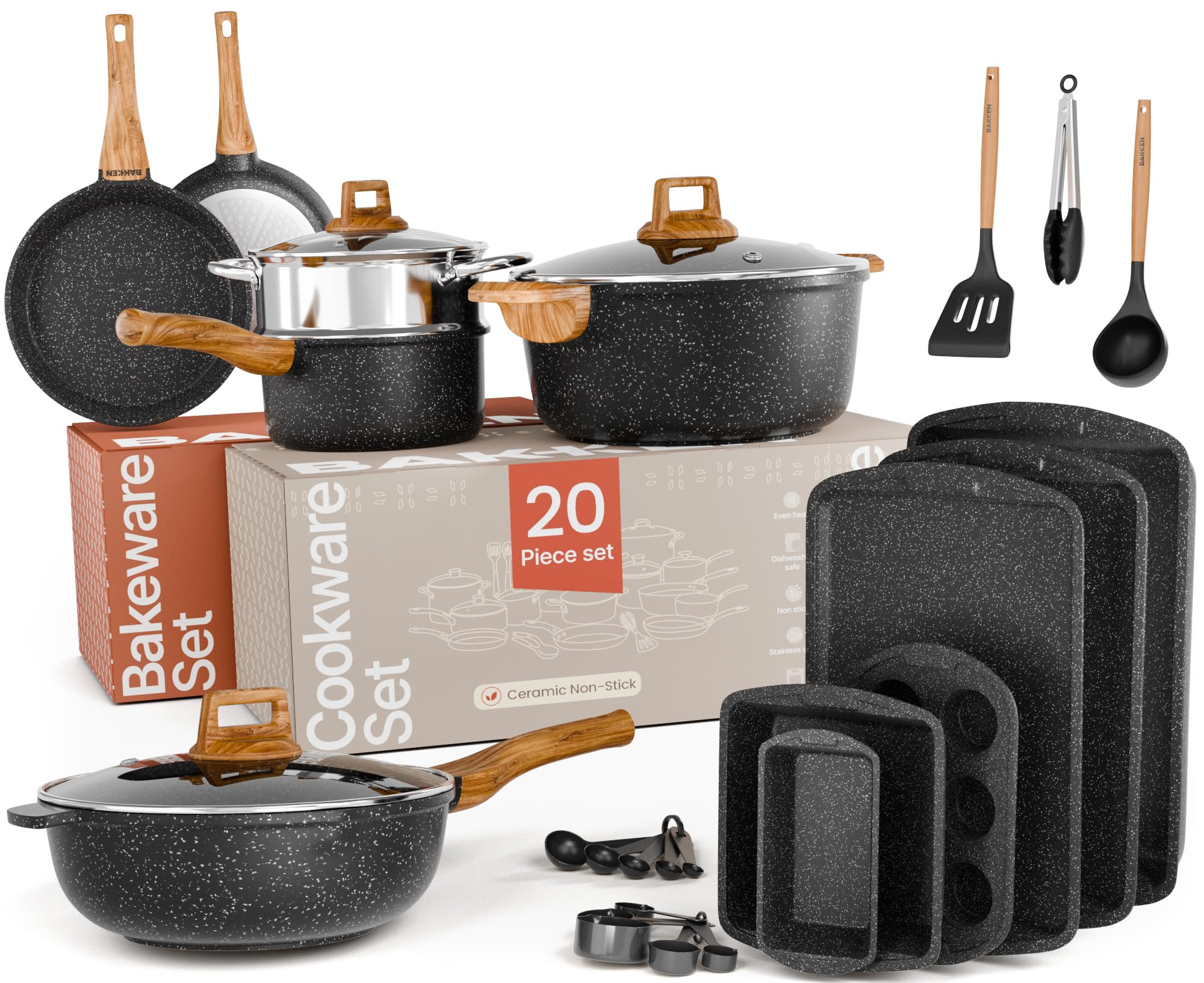 Bakken Master 20 Piece Cookware Set - Pots and Pans with Handle Grips and Tempered Glass Lids, With 6-piece Bakeware Set, Nonsti