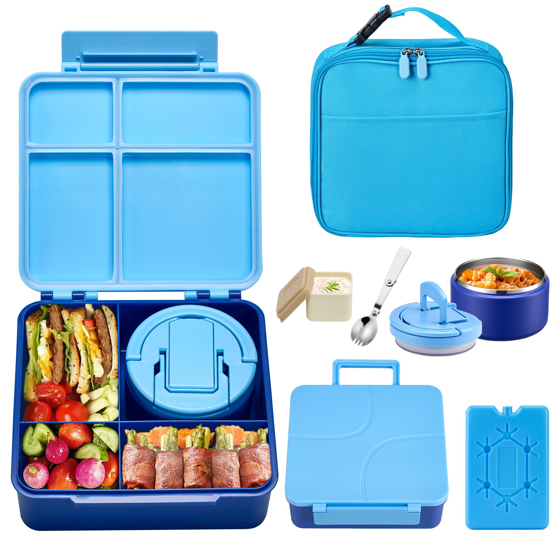 Bento Lunch Box with 8oz Soup Thermo,Kids Leakproof 4 Compartment Lunch Food Containers with Sauce Cup and Ice Pack,Kids Thermo 
