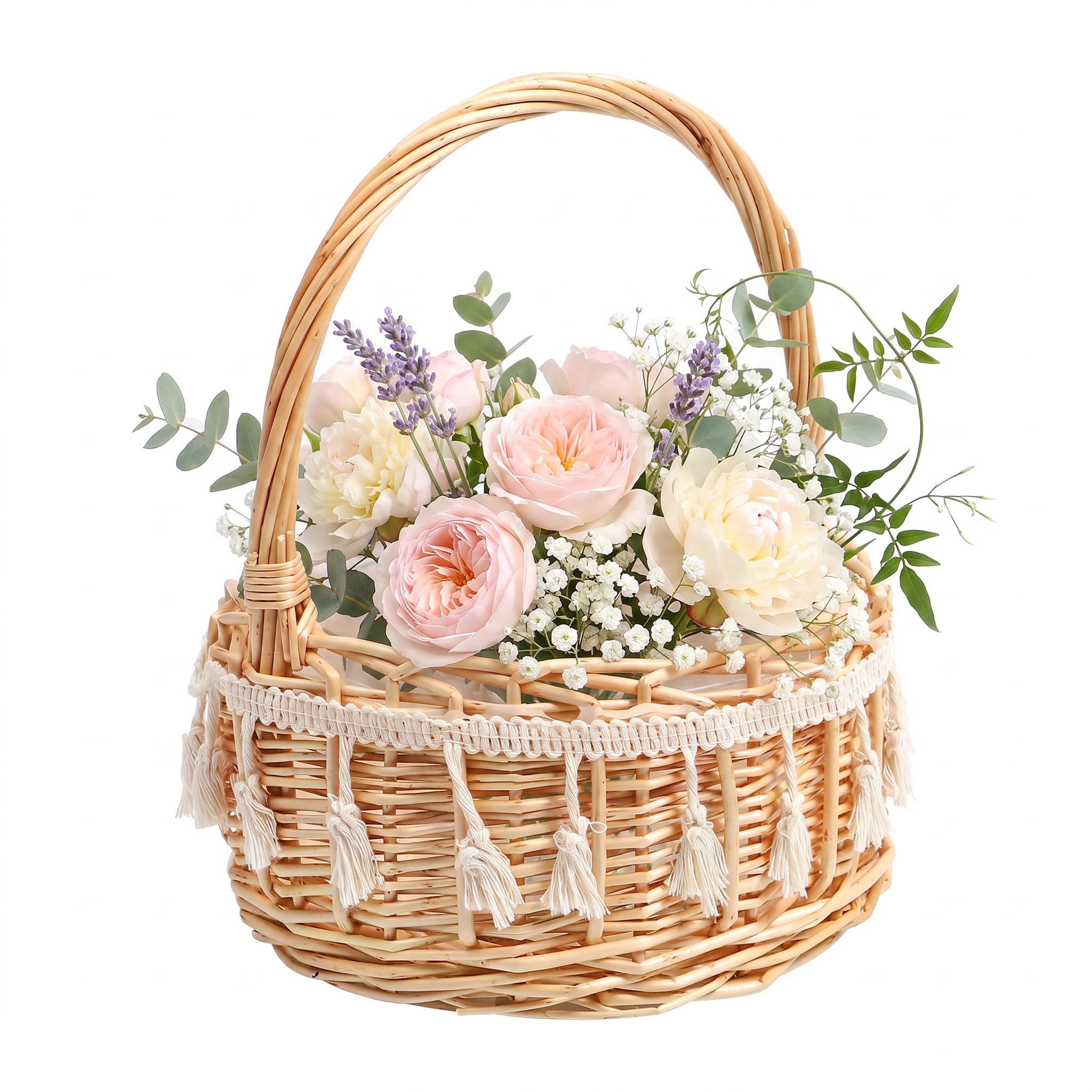 DOITOOL Wicker Rattan Flower Girl Basket with Fringe, Small Wicker Rattan Basket with Handle, Rustic Petal Storage for Wedding C