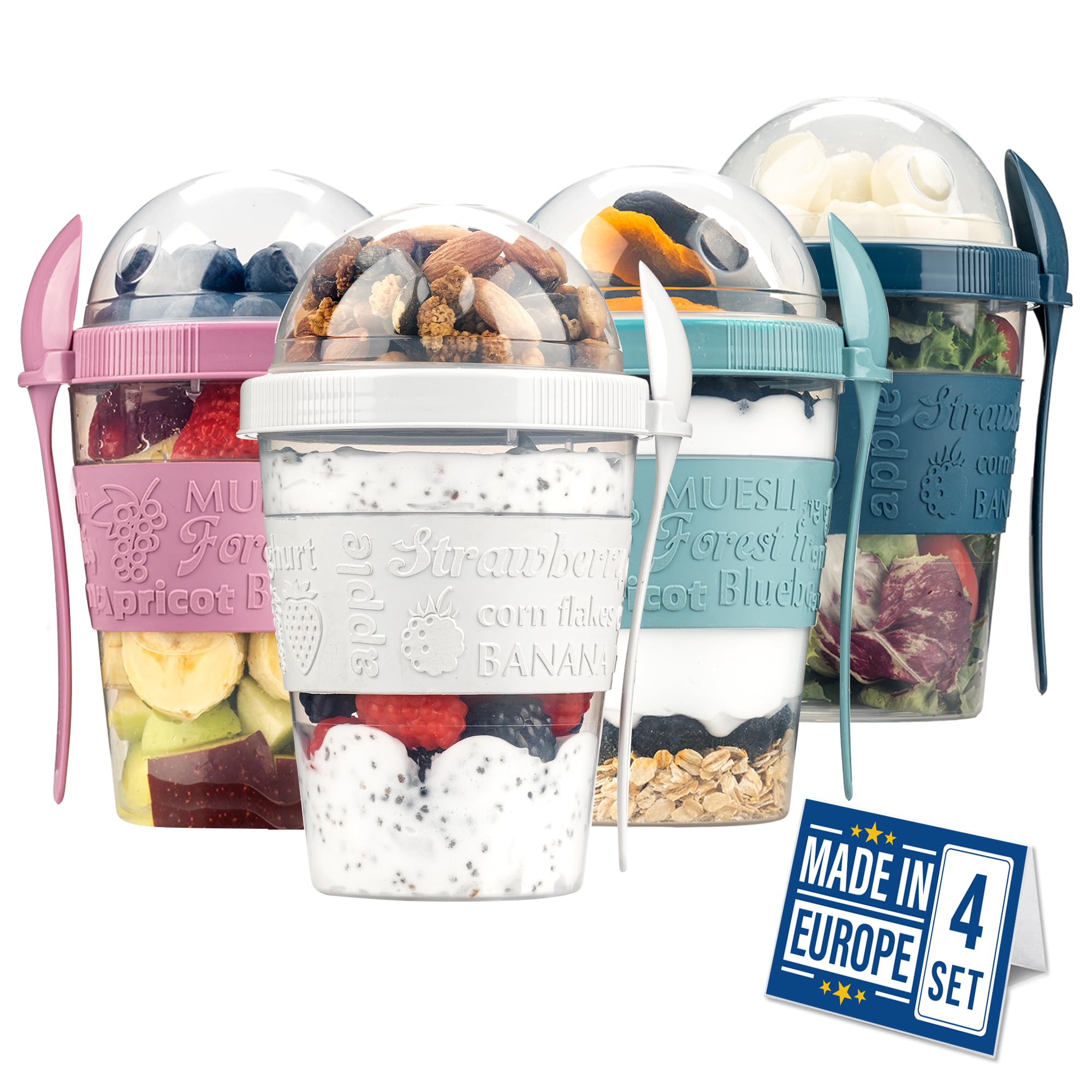 Crystalia 4 Pack 20 oz On The Go Yogurt Parfait Cups with Lids & Spoons, Reusable Yogurt Containers, Take and Go Cup with Toppin
