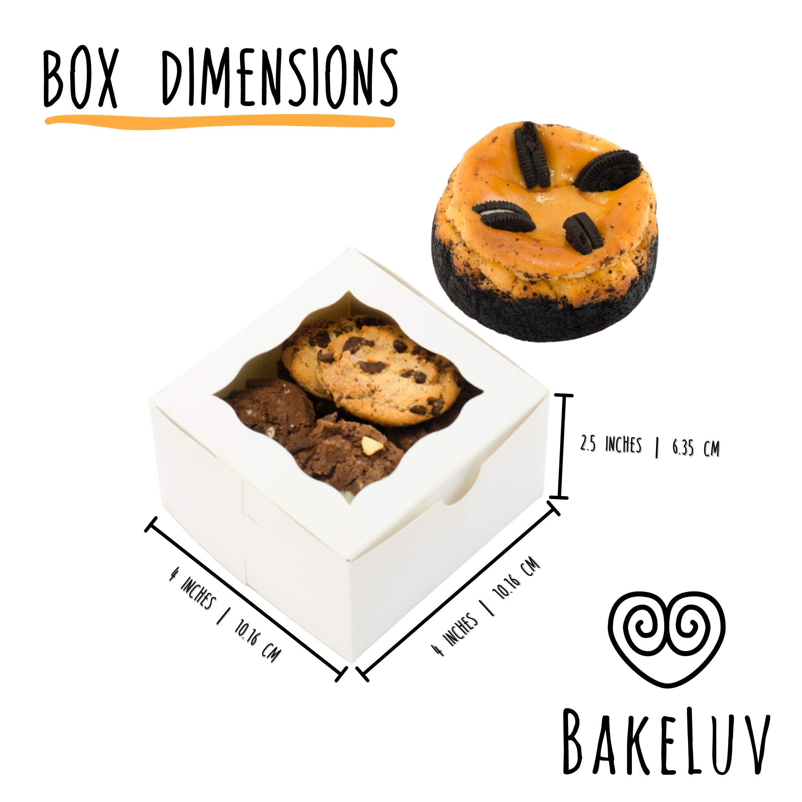 Bakeluv 4X4X2.5 Small Bakery Boxes With Window | White, 50 Pcs | Macaron Boxes, Mini Cake Boxes, Small Cookie Boxes For Gift Giv