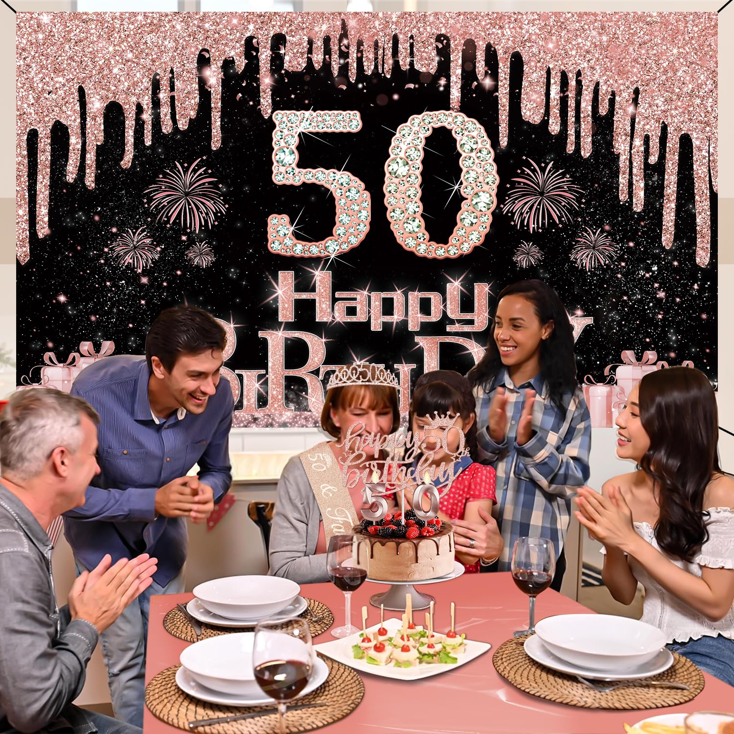50Th Birthday Decorations For Her With Banner, Rose Gold Tablecloth, Number Balloons, 50Th Birthday Sash And Tiara, Candles And