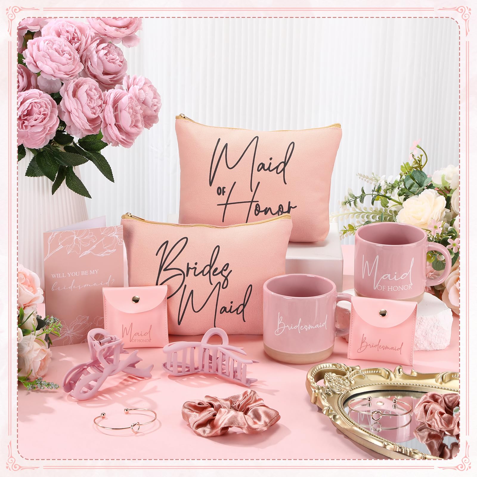 Didaey 42 Pcs 6 Sets Bridesmaid Proposal Gifts Wedding Maid of Honor Gifts Ceramic Coffee Cups Cosmetic Makeup Bags Invited Card