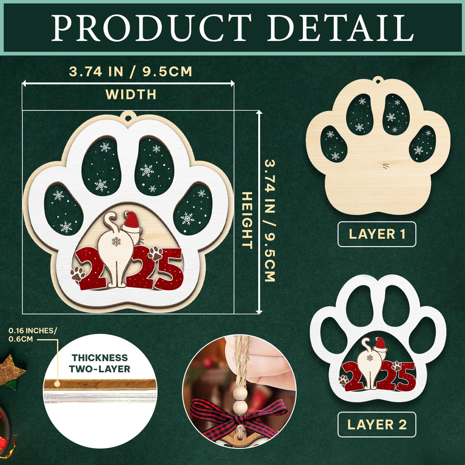 Cat Ornaments 2025 - Acrylic & Wooden Christmas Hanging Ornaments - Cat Lover Gifts for Women, Lady, Crazy, Owner - Kitten Ornam