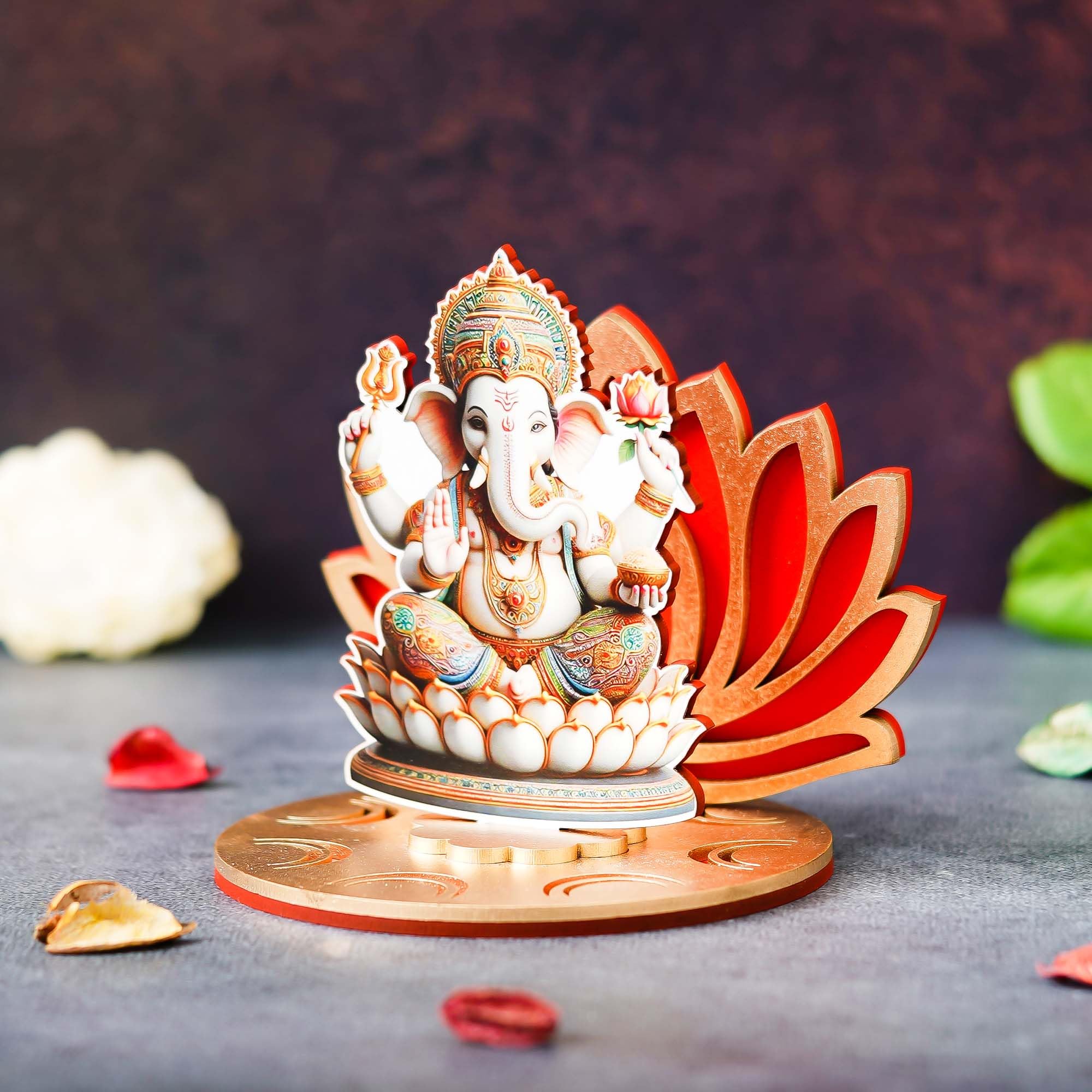 Ecraftindia Mdf Wooden Lord Ganesha Sitting On Lotus Flower Decorative Showpiece For Diwali, Lakshmi Puja, Ganesh Chaturthi Fest