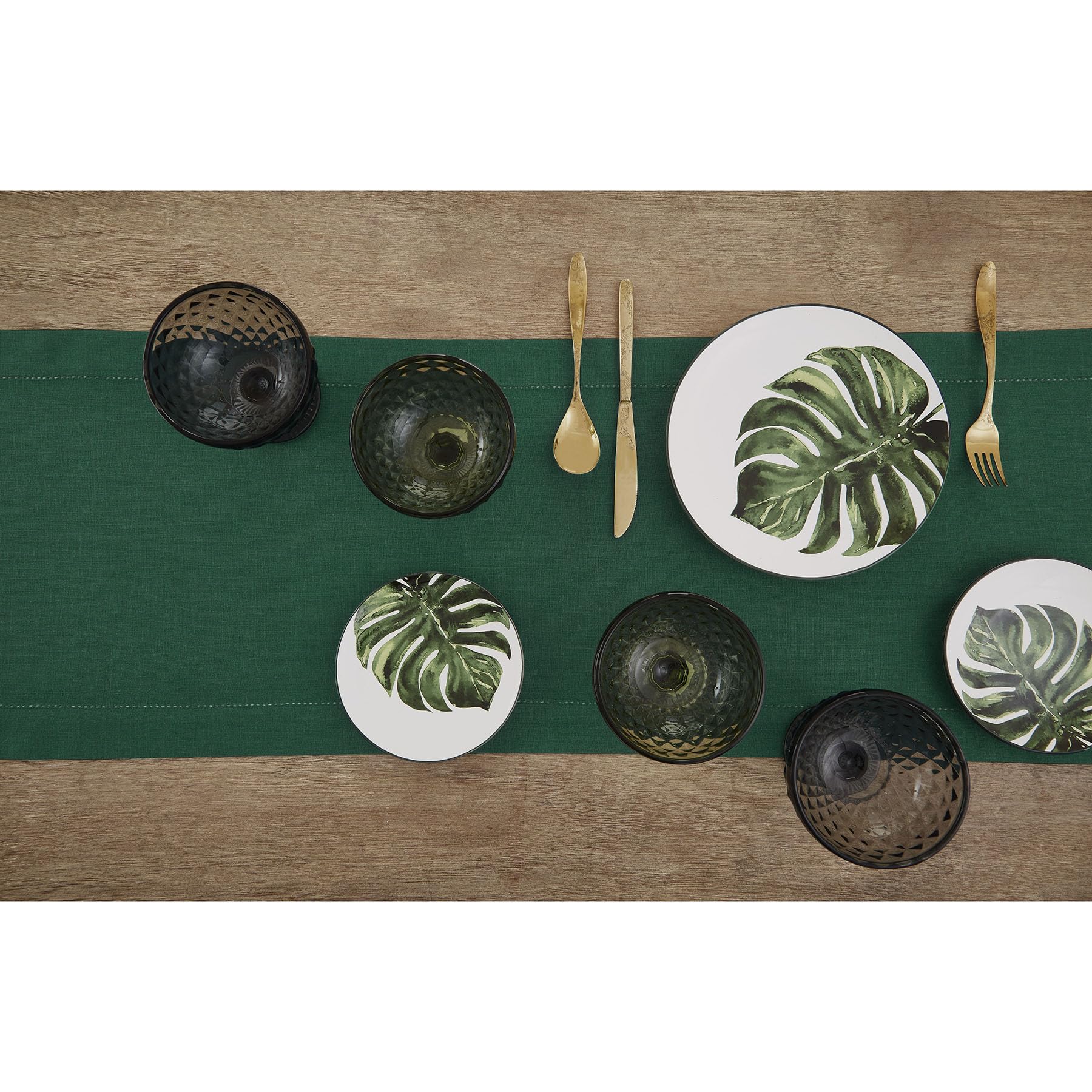 Solino Home Rainforest Green Linen Table Runner 120 Inches Long - 100% Pure Linen Classic Hemstitch Table Runner 14 X 120 Inch -