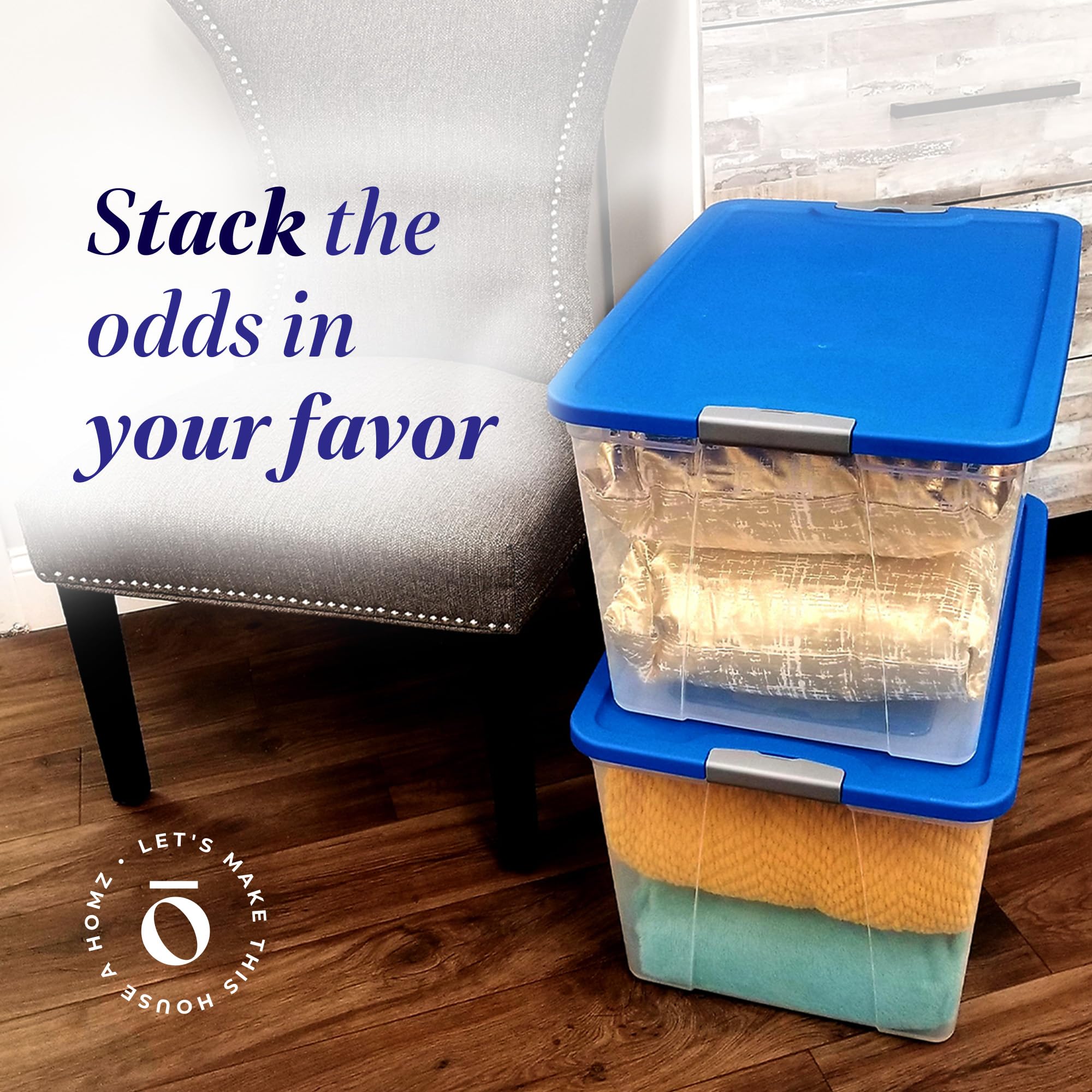 Homz 2-Pack Plastic Storage Bins W/Lids, Stackable Totes, 64 Quart, Clear/Blue