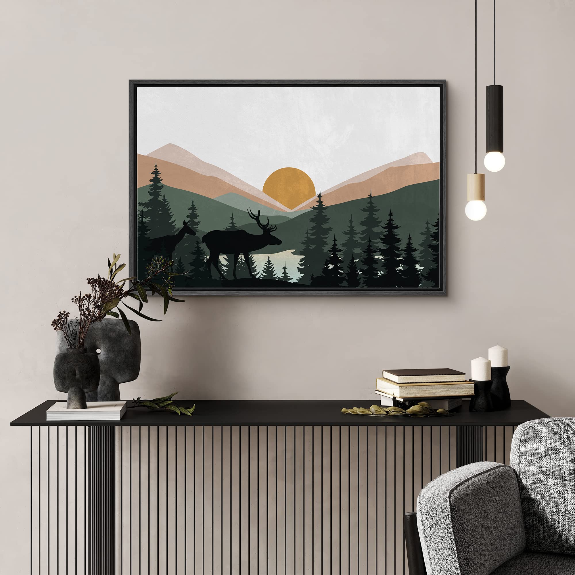 Signford Framed Canvas Print Wall Art Woodland Nursery Decor Sunlight Mountain Pine Forest Lake Nature Wilderness Modern Art Dec