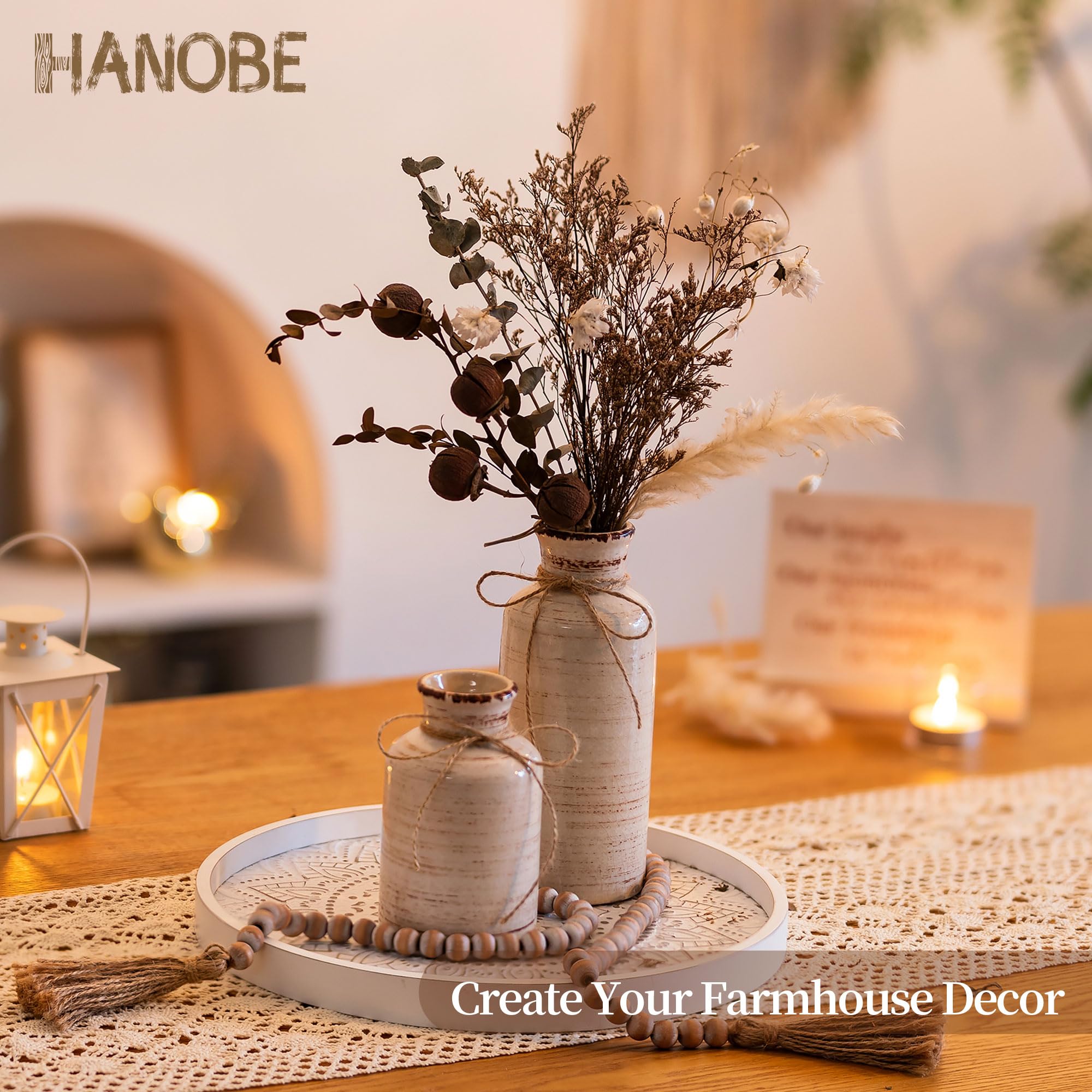 Hanobe Round Decorative Coffee Tray: Rustic White Table Tray Decor Farmhouse Centerpiece Wood Circle Tray Floral Serving Trays for Kitchen Counter Boho Ottoman Tray for Home