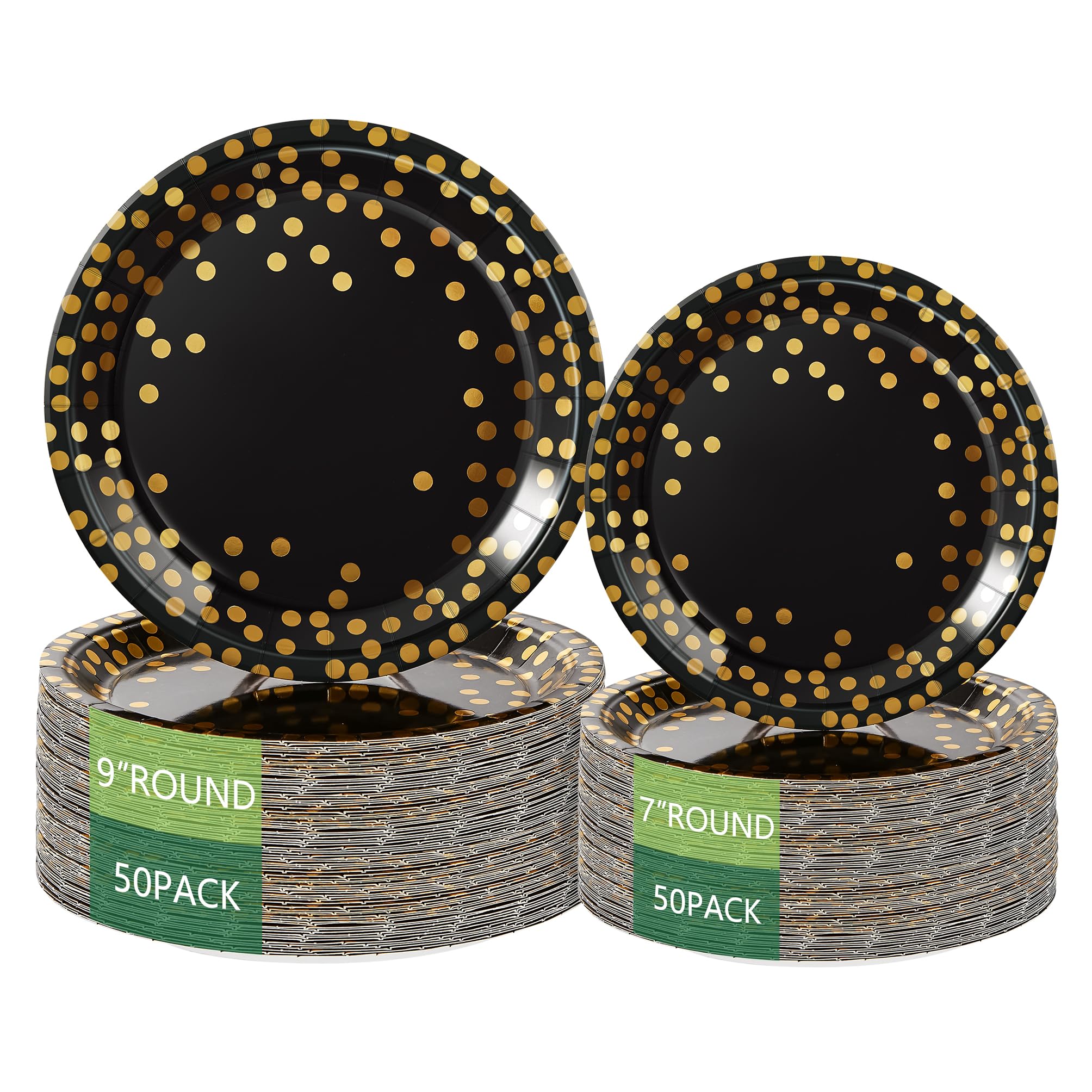 Round Disposable Paper Plates for All Occasions Golden Dots Paper Plates - 100 Pack - 50 x 9 and 50 x 7 Foil Polka Dots Disposab