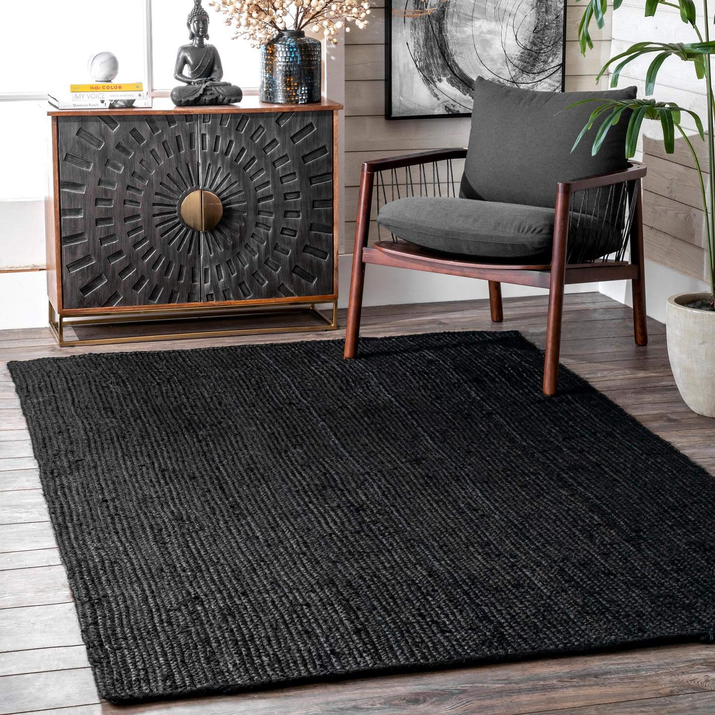 nuLOOM Rigo Hand Woven Farmhouse Jute Area Rug, 6x9, Black