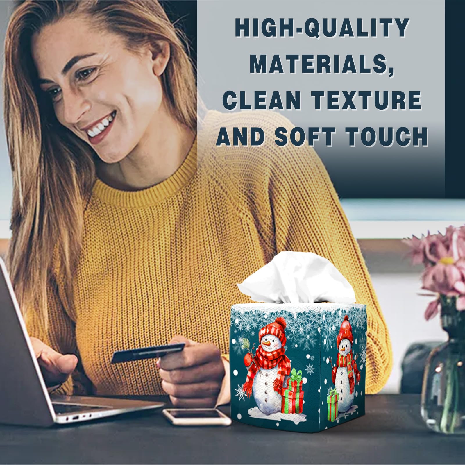 Tissue Box Cover Square Canvas Decorative Tissue Box Holder Cute Funny Cube Tissue Case Cover-Xmas Decor Christmas Snowman Tissu
