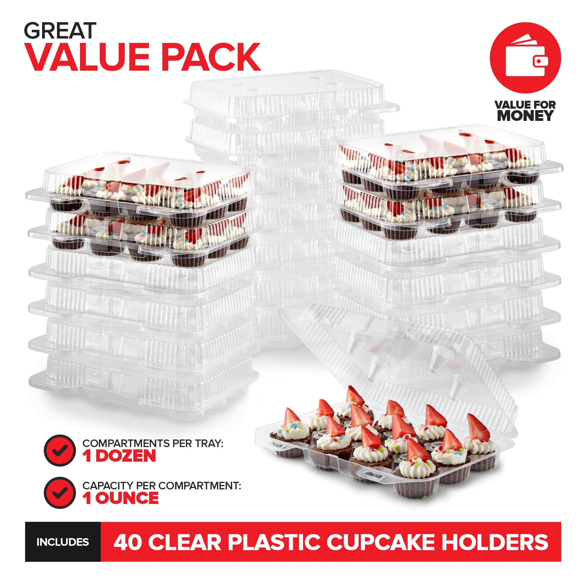 Stock Your Home Mini Disposable Plastic Cupcake Containers (40 Pack) 12 - Count Tray Compartment, Small Or Mini Cupcakes Box/Hol