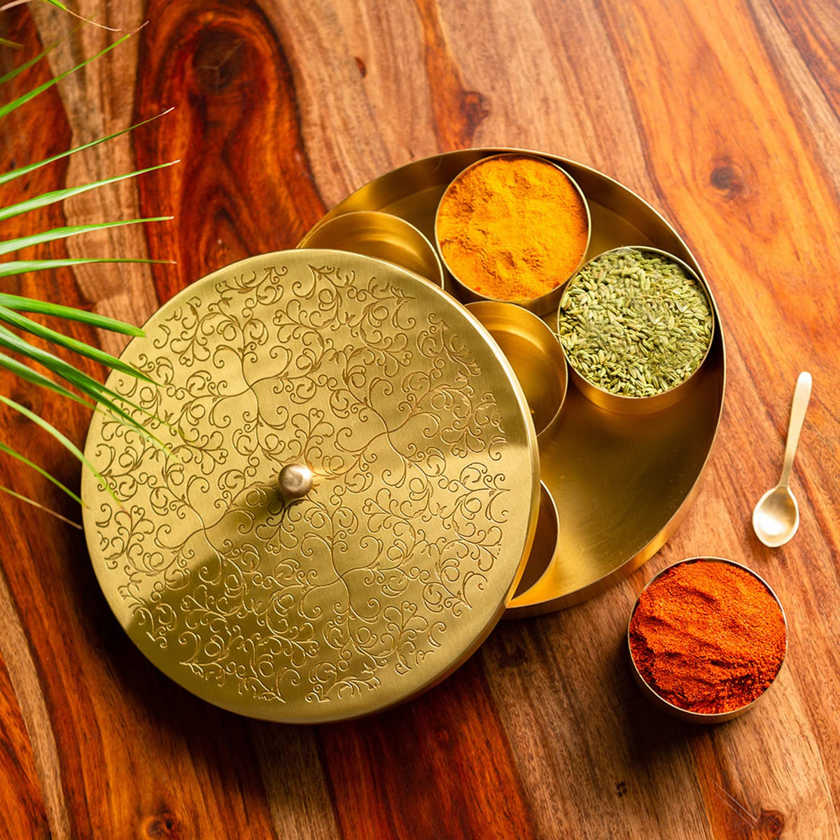 Exclusivelane 'Floral Hand-Etched' Handcrafted Brass Indian Spice Boxes For Kitchen Masala Dabba With Spoon (7 Removable Contain