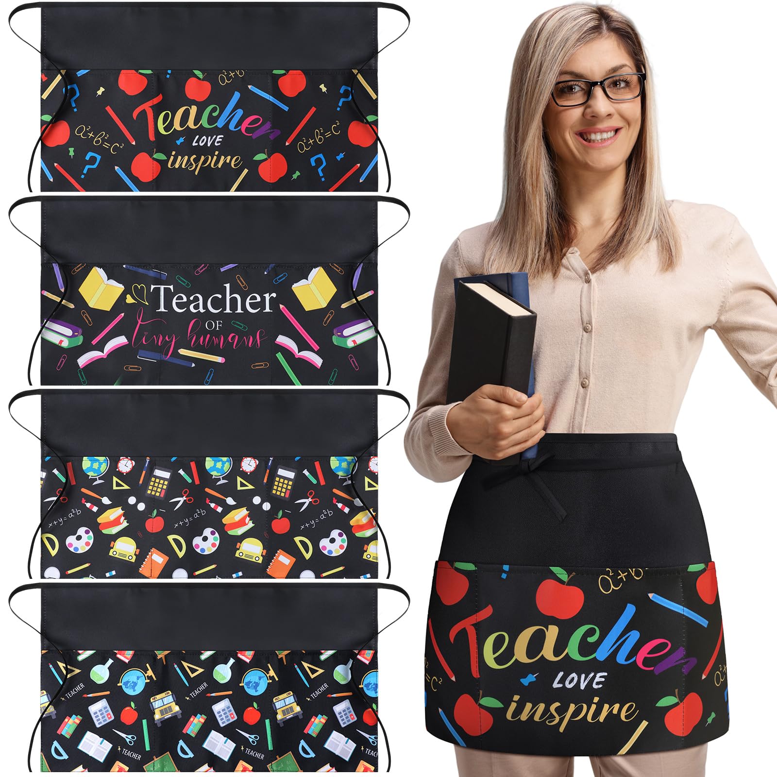 4 Pieces Waist Apron For Teachers With 3 Pockets Waterproof Half Aprons Back To School Teacher Apron For Teacher Appreciation Gi