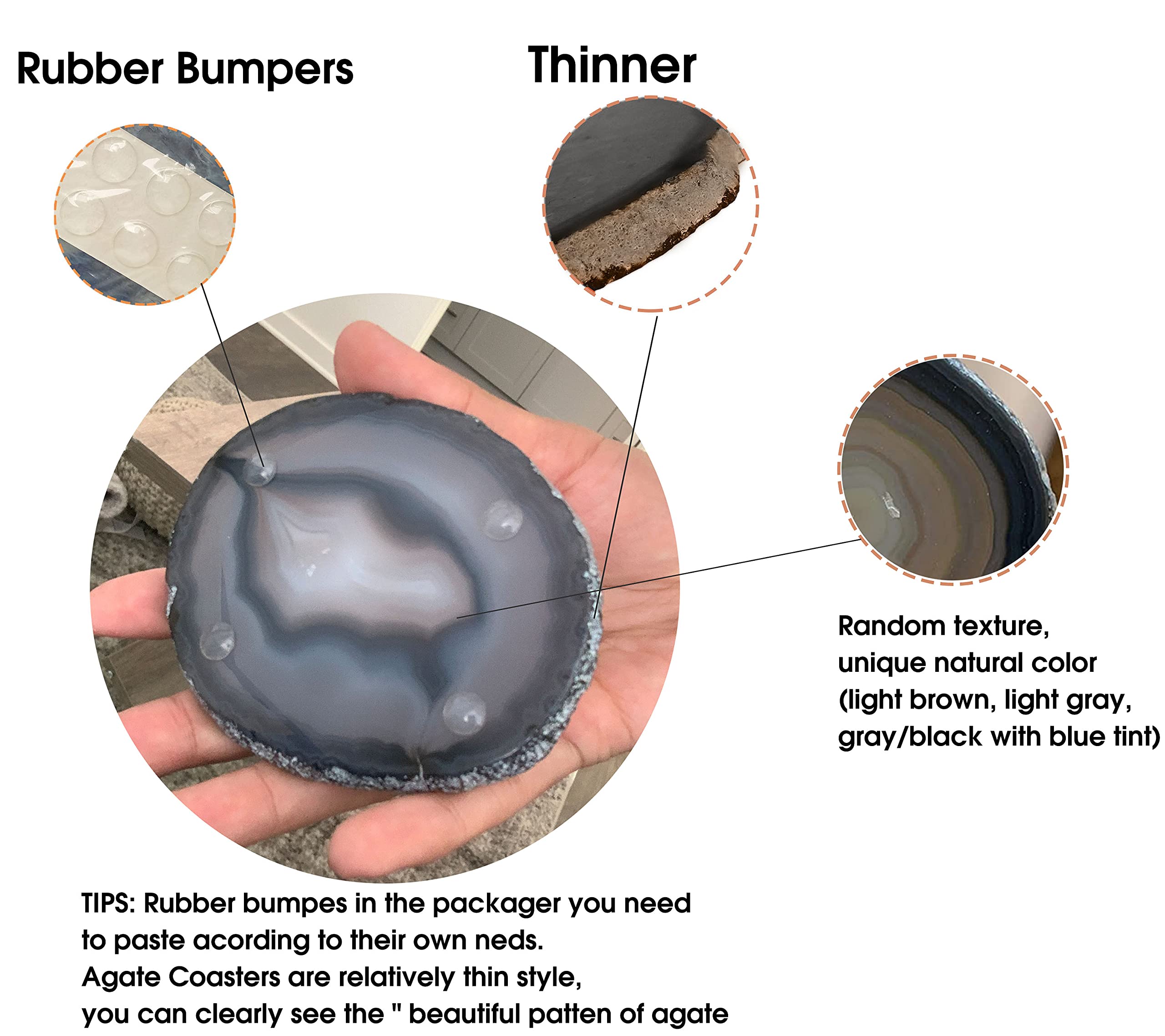 Amoystone Agate Coaster Geode Natural Black Stone Coaster Rock Beverage Cup Mat Set Of 4, Large 4-4.5''