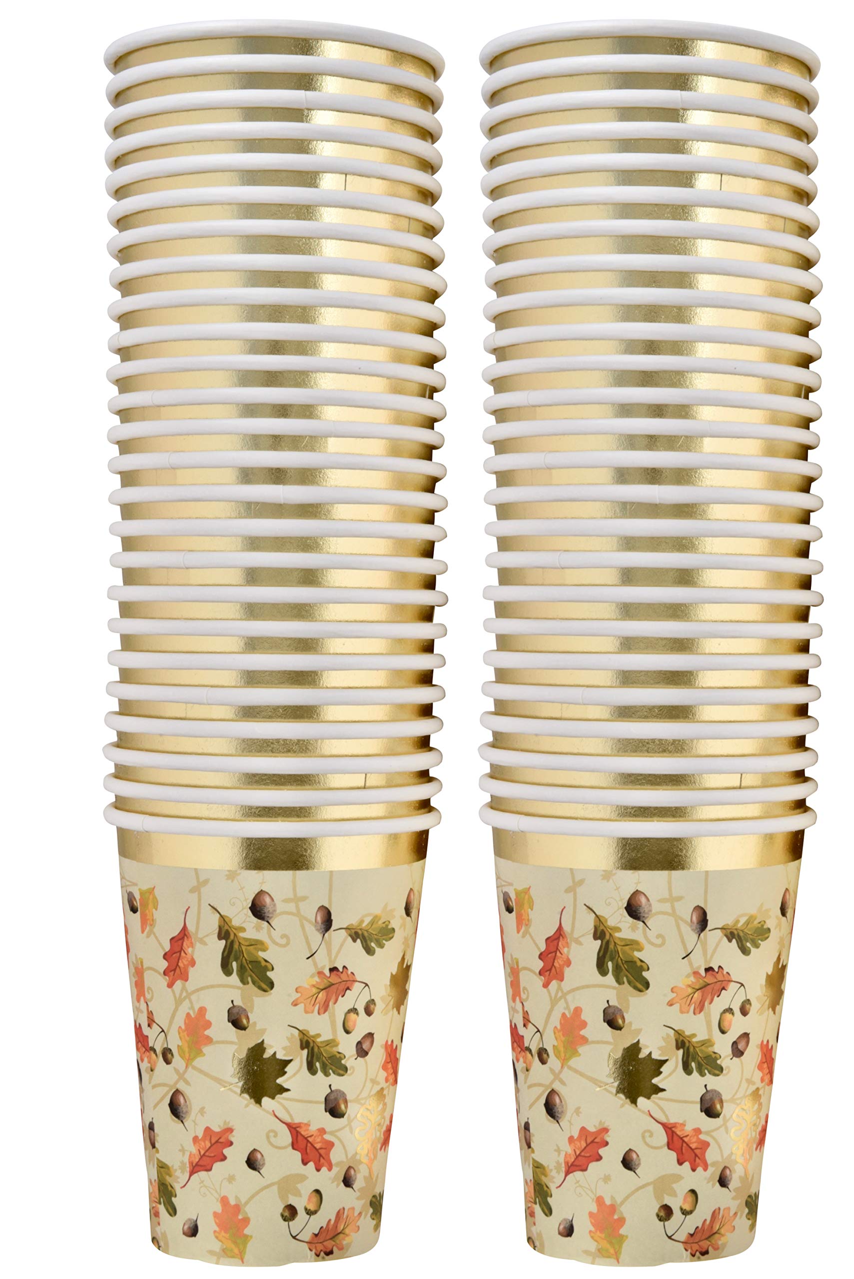 Gift Boutique 50 Thanksgiving Party Cups 9 Oz. Disposable Paper Cup In Elegant Autumn Leaves Design With Gold Foil For Fall Dinn