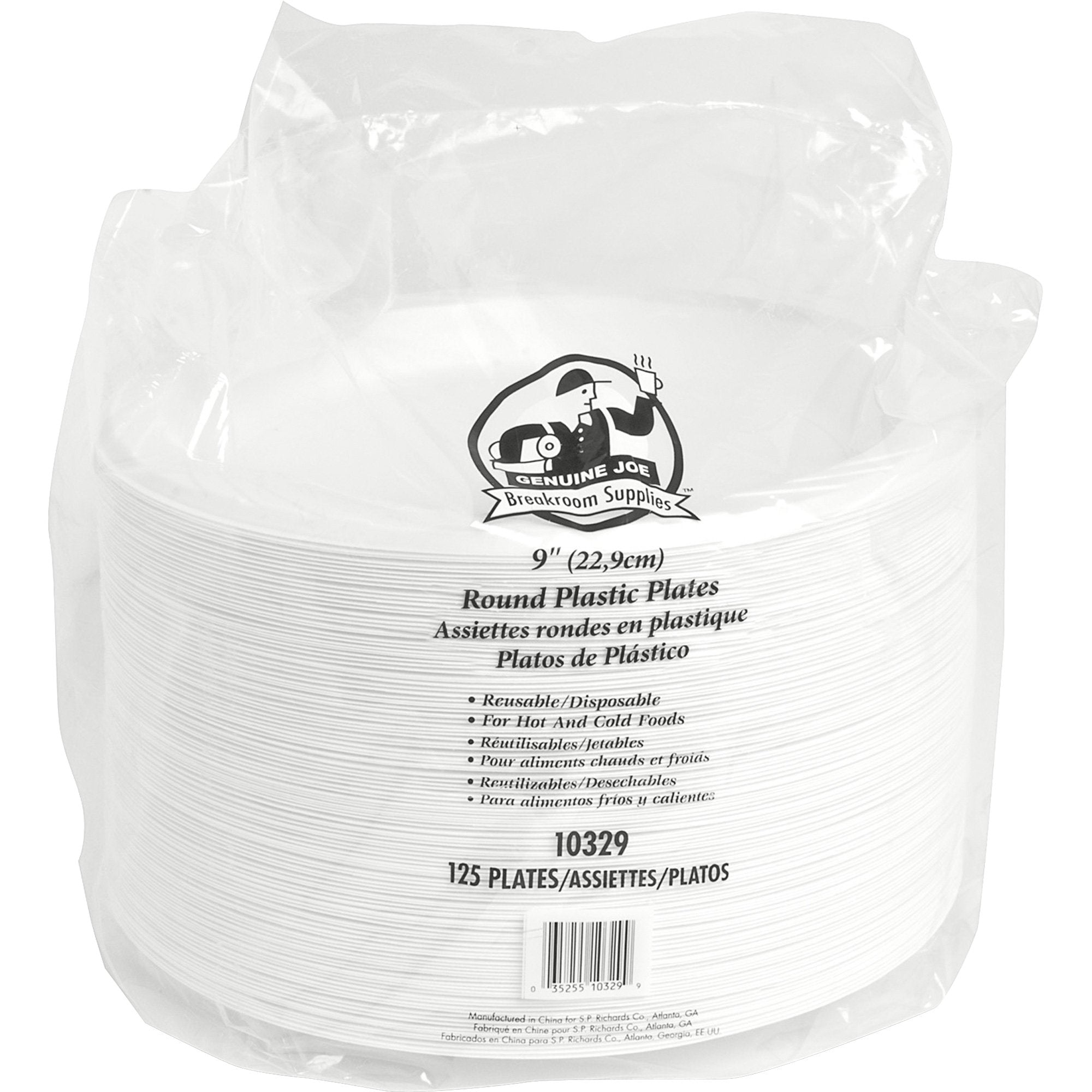 Genuine Joe 10329 9-Inch Plastic Round Plates Reusable/Disposable 125/Pk White