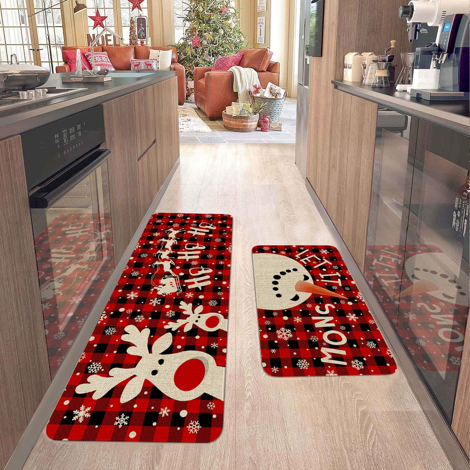 Christmas Kitchen Mat Decor, Snowman Reindeer Winter Holiday Christmas Kitchen Rugs Sets of 2, Red Buffalo Plaid Christmas Rugs