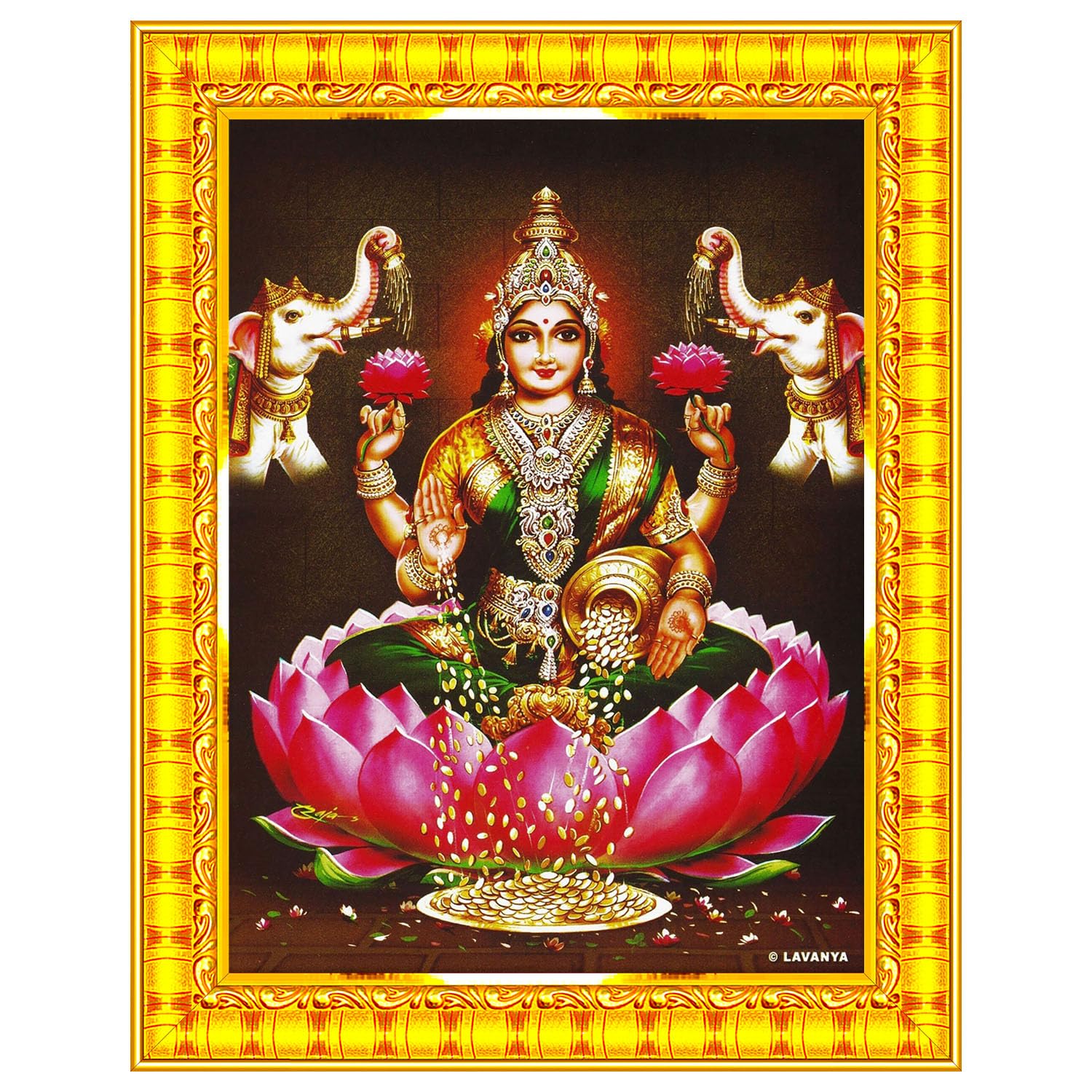 Pavan Photo Laminations Goddess Lakshmi Devi Dhana Vaibhav Laxmi Maa Wall Painting Framed Home Decor (Wood,Matte,Gold,Big Size,1