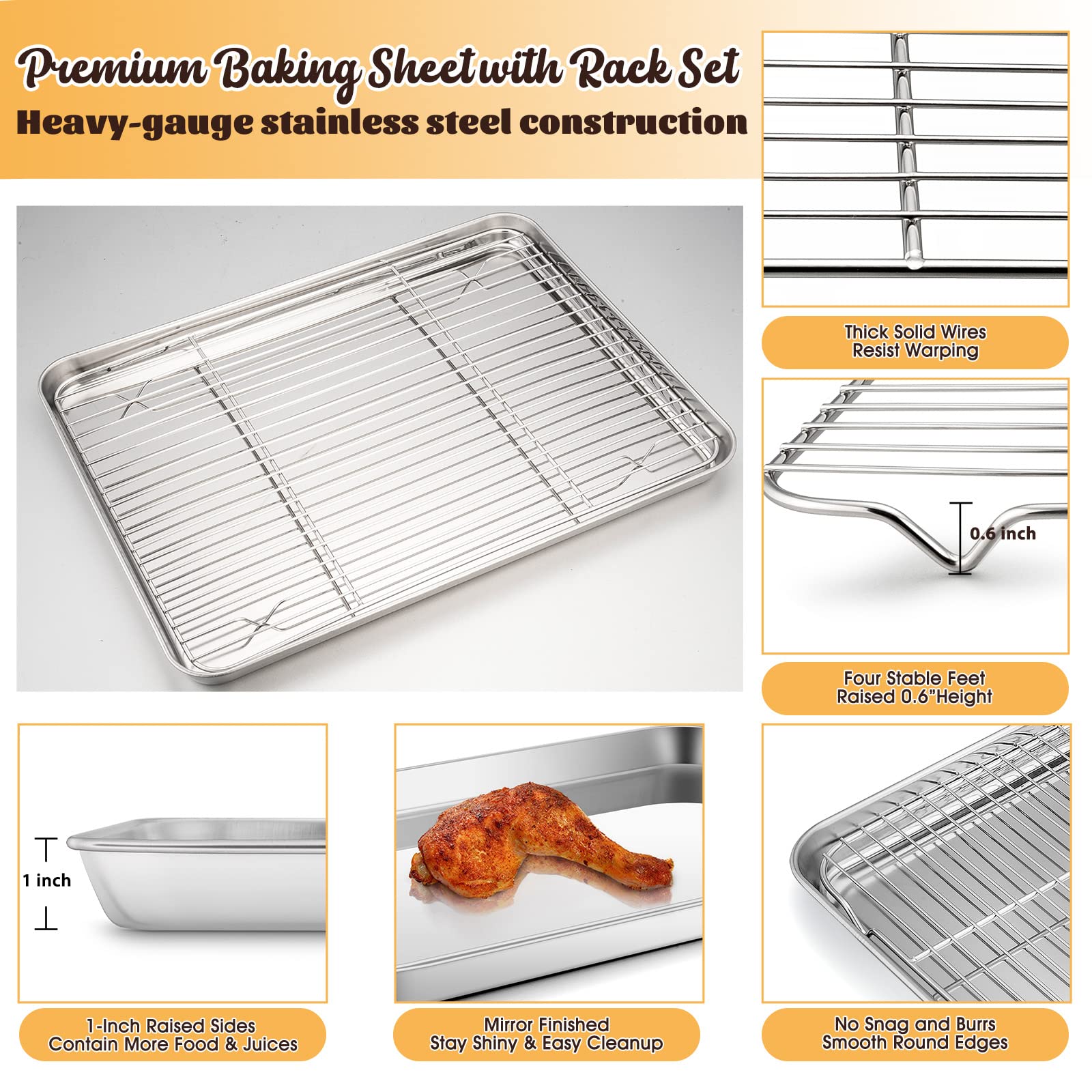 Baking Sheet With Rack Set, E-Far 16   X12    Stainless Steel Cookie Sheet Pan For Oven, Rimmed Metal Tray With Wire Cooling Rac