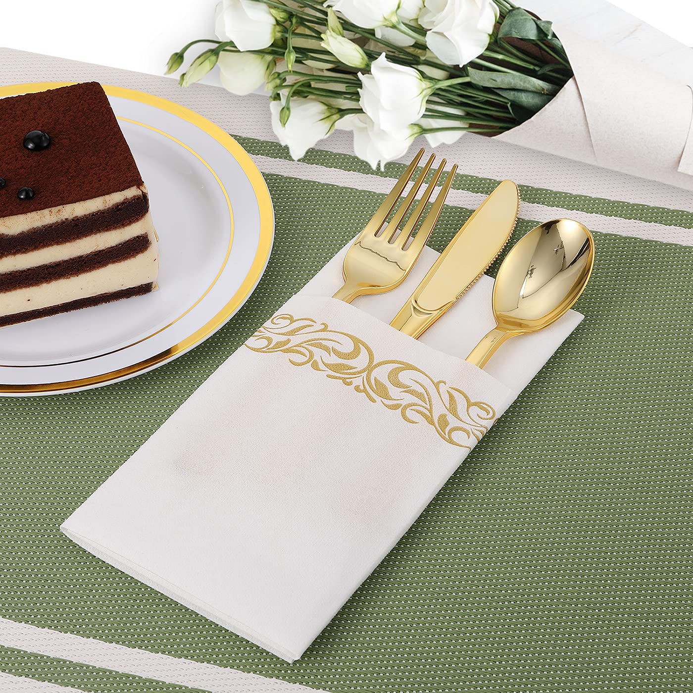 [200 Pack] Disposable Guest Towels Soft and Absorbent Paper Hand Towels Durable Decorative Bathroom Hand Napkins for Kitchen Parties Weddings Dinners or Events White and Gold