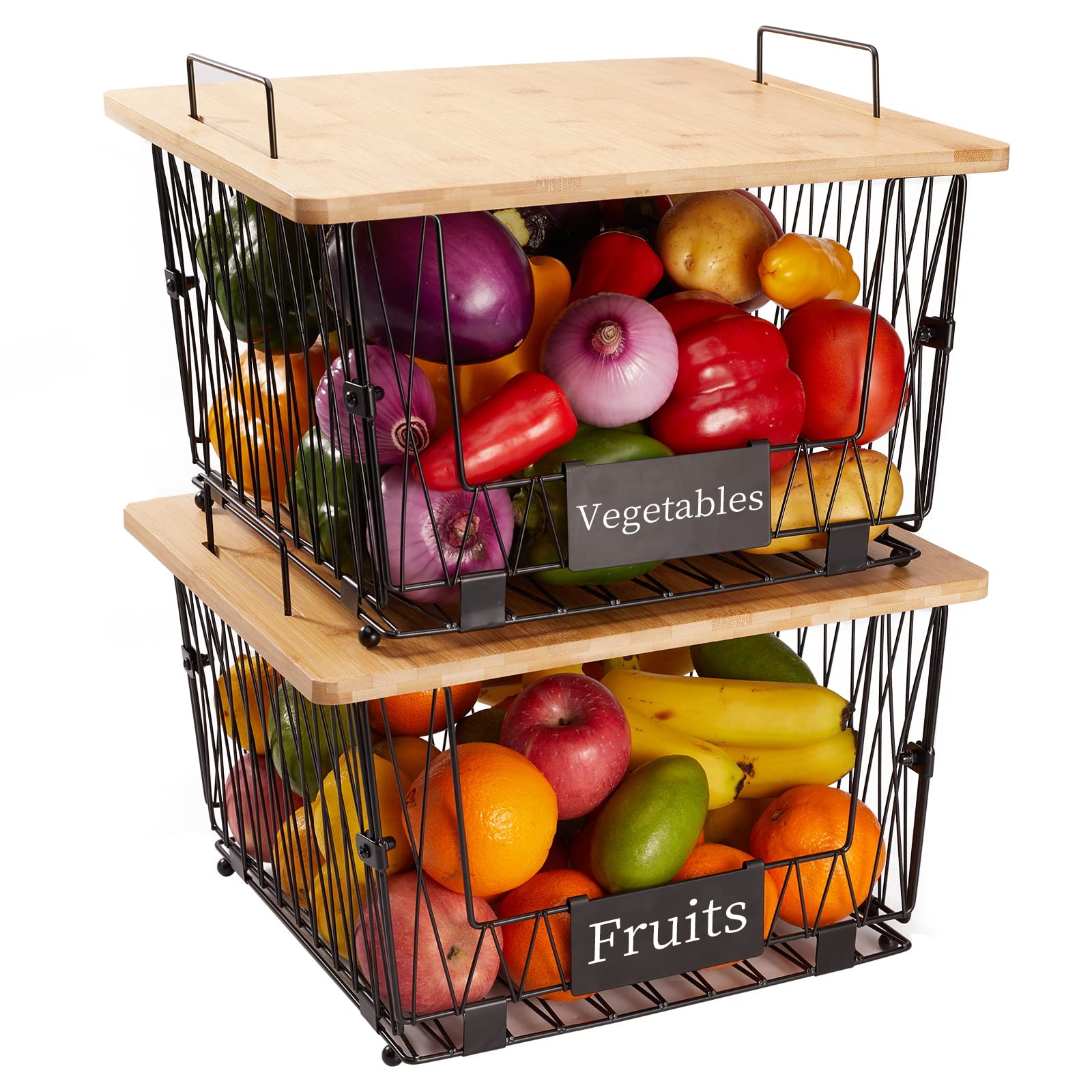 2 Pack Stackable Wire Storage Baskets With Wood Lid- Kitchen Countertop Organizer For Fruit Vegetable -Large Metal Bin For Pantr