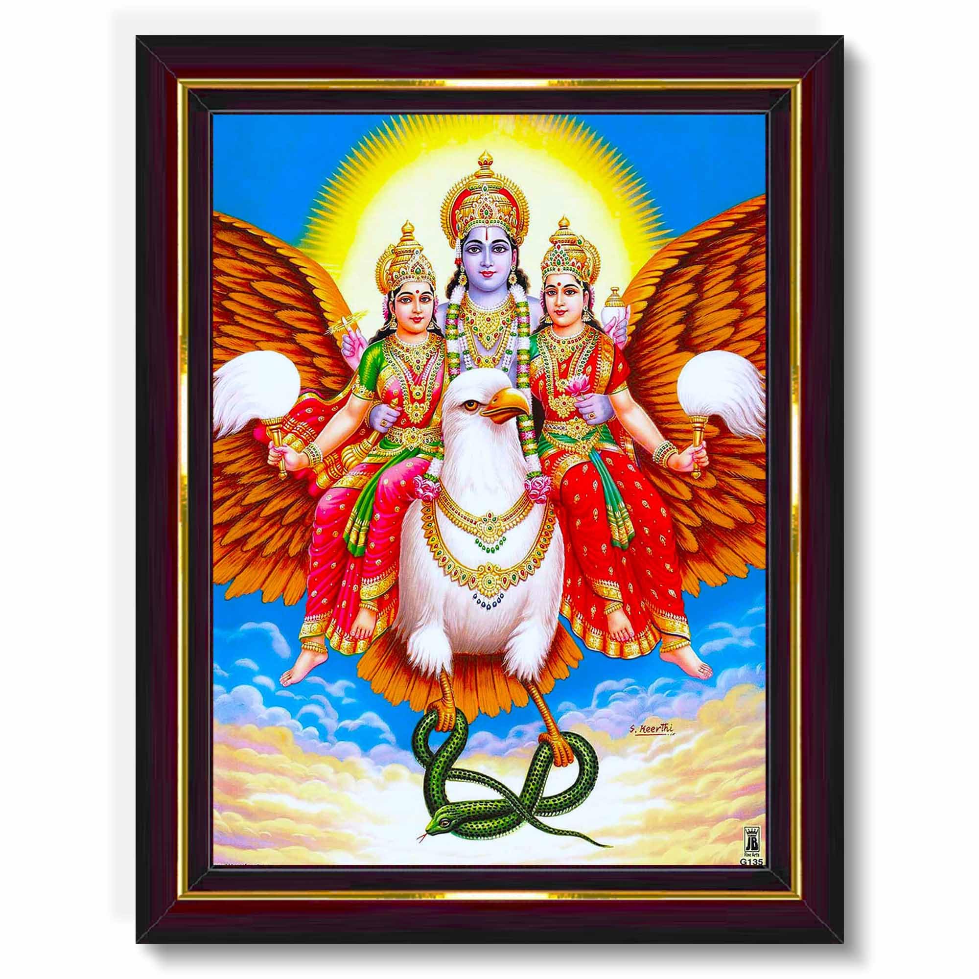 Pavan Photo Laminations Vishnu Laxmi Lakshmi Narayan Garud Puran Wall Painting Framed Home Decor (Wood,Matte,Brown,Small Size,6 