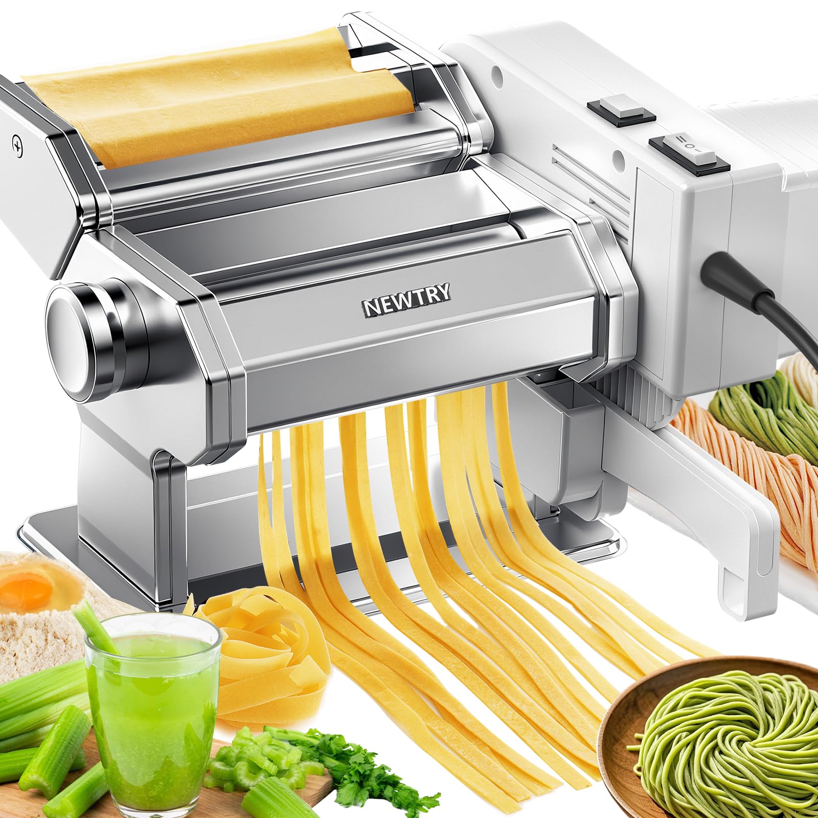 NEWTRY Electric Pasta Maker Machine Noodle Making Dough Roller Press with Detachable Motor 0.2-0.5mm Dough Sheet Thickness Adjus