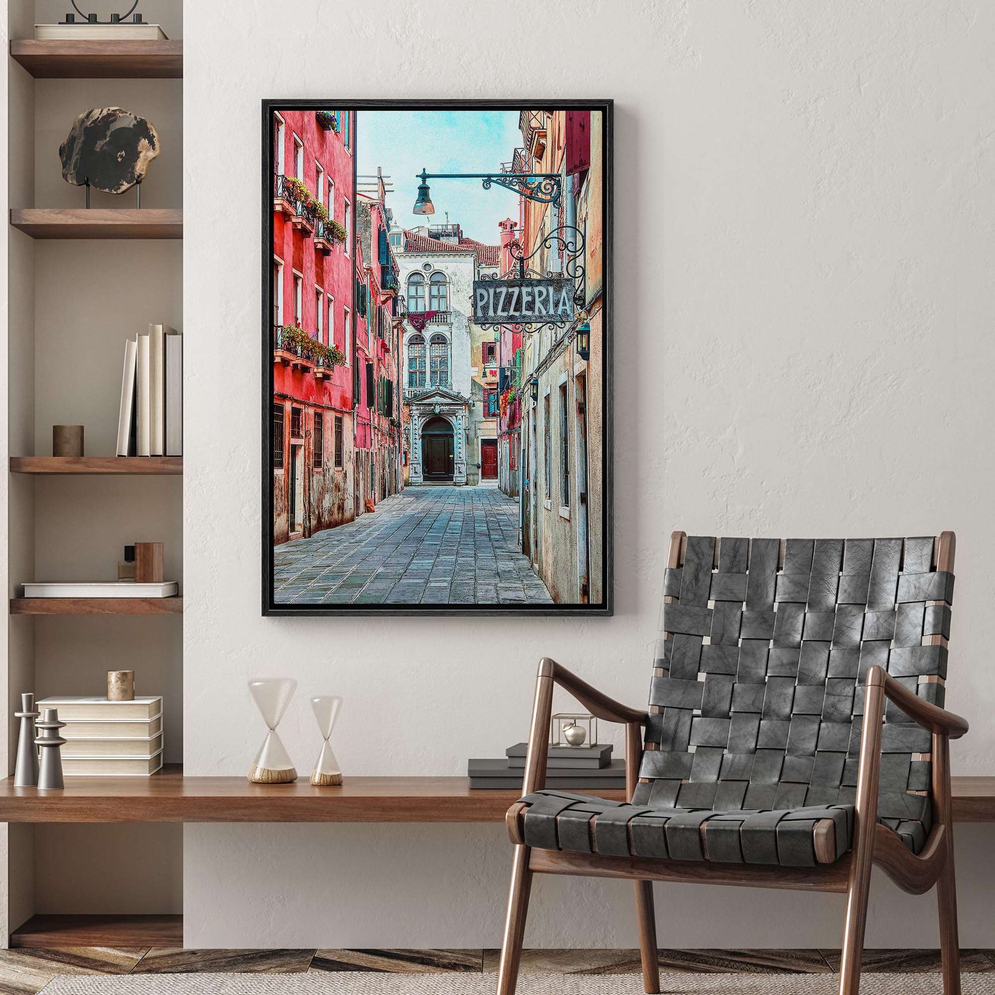 Wall26 Framed Canvas Wall Art Quaint Street In Historic Venice, Italy With Pizzeria Sign - Gallery Wrap Modern Home Art | Ready
