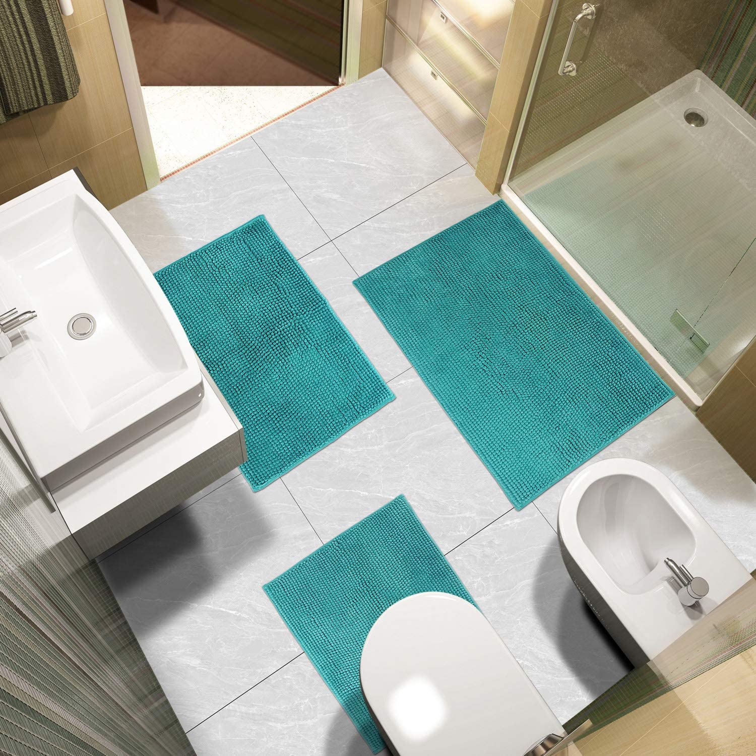 Urvoix 3 Pieces Bathroom Rugs Set  Non-Slip Chenille Bath Rug  Ultra Soft and Super Absorbent Bath Mat for Bathroom  Toilet and Tub (Teal)